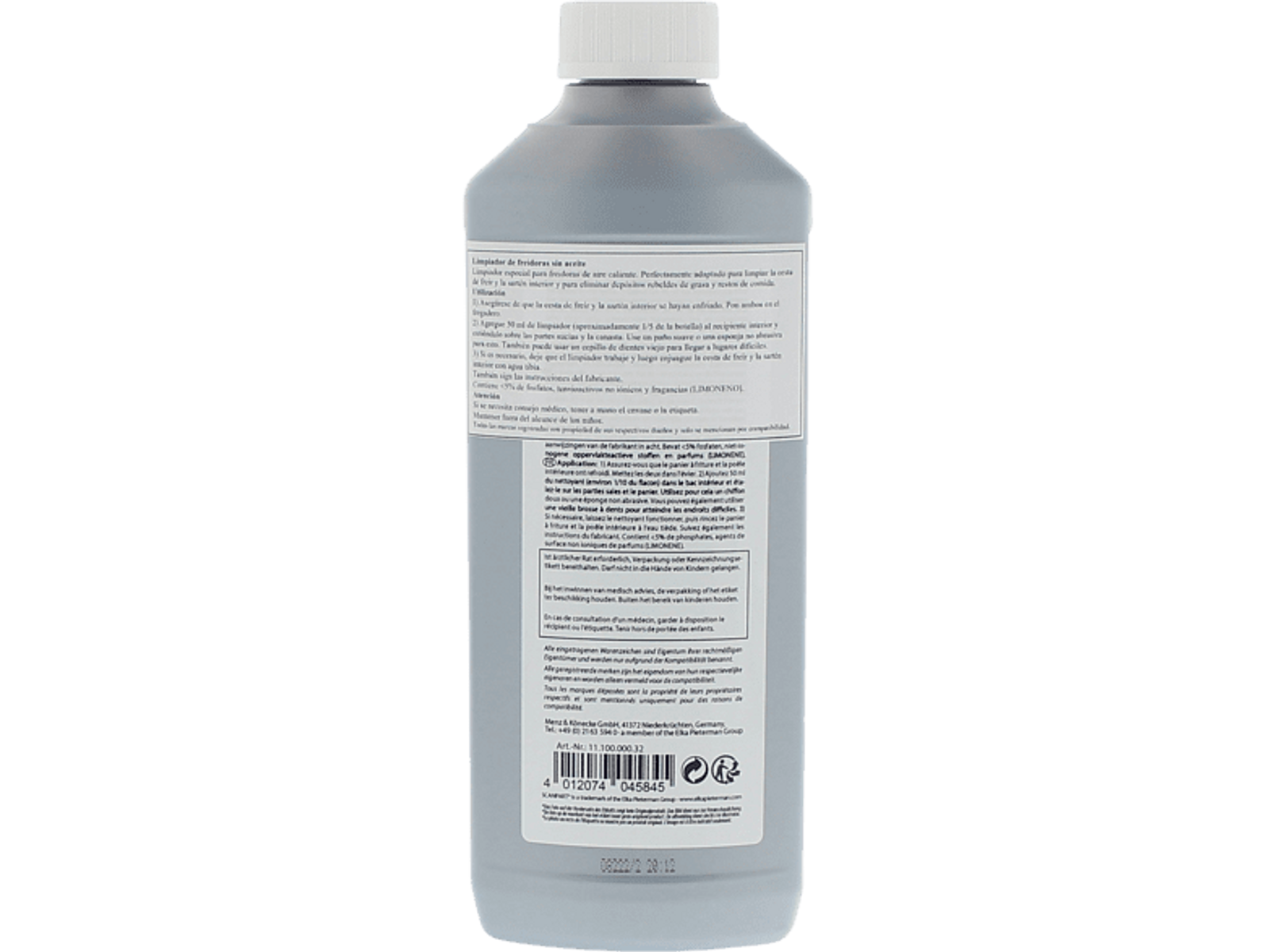 Flasche mit Etikett, Text in mehreren Sprachen.