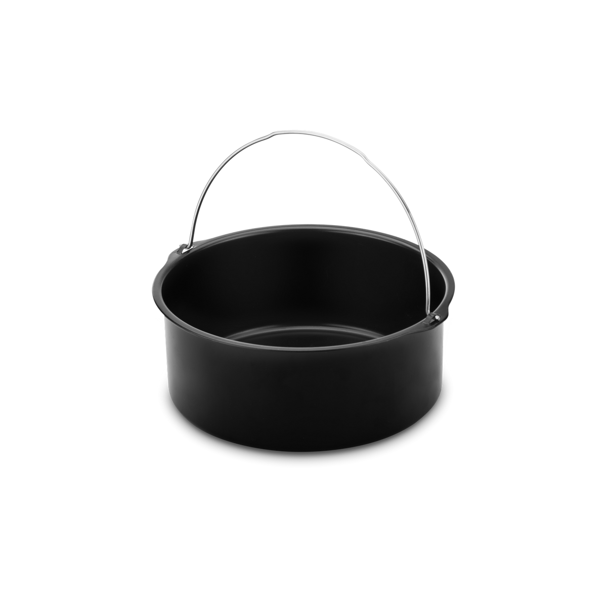 Una cesta redonda negra para freidora de aire con asa plateada. Fondo negro.