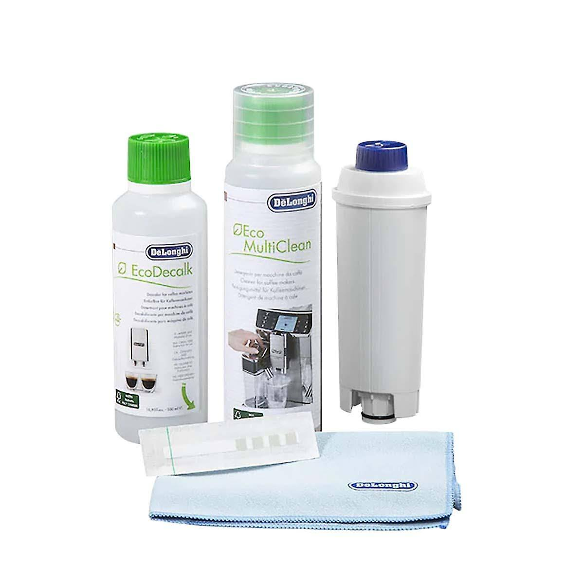 Productos de limpieza y descalcificación DeLonghi: EcoDecalk, Eco MultiClean, filtro y paño.