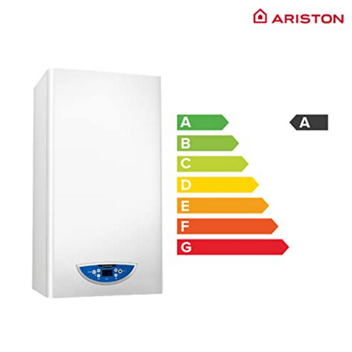 Uno scaldabagno bianco con etichetta energetica e logo Ariston in alto.