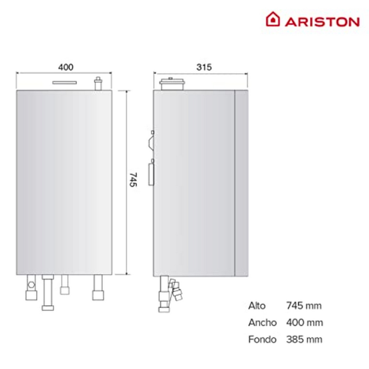 Schema dello scaldabagno Ariston con dimensioni, vista frontale e laterale.