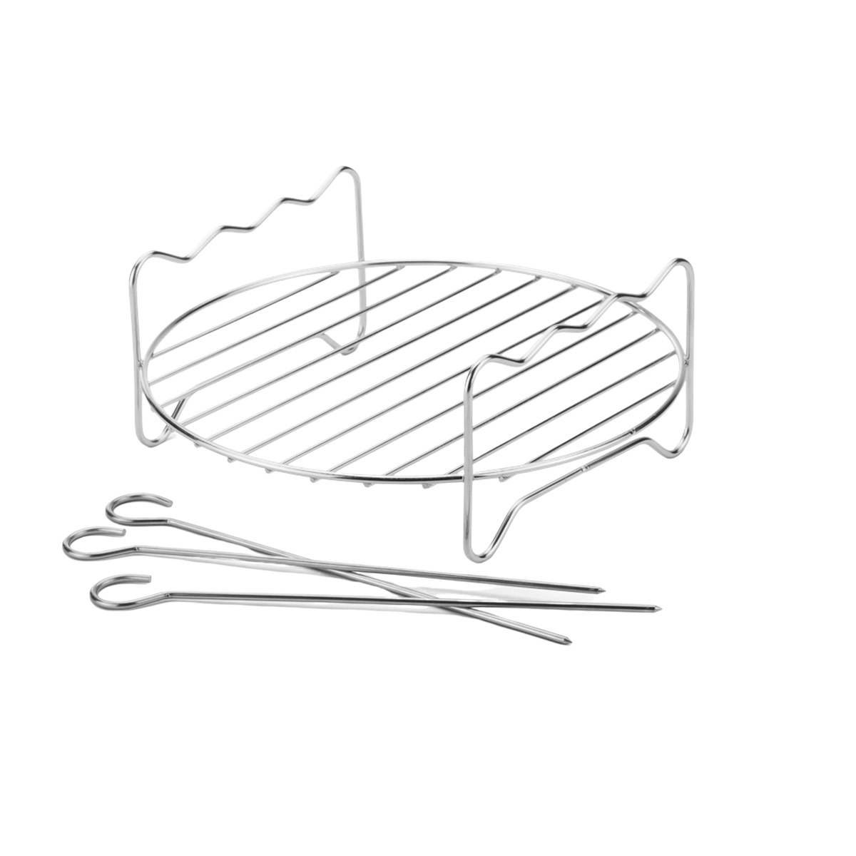 Un disegno di un grill con spiedini su sfondo nero.
