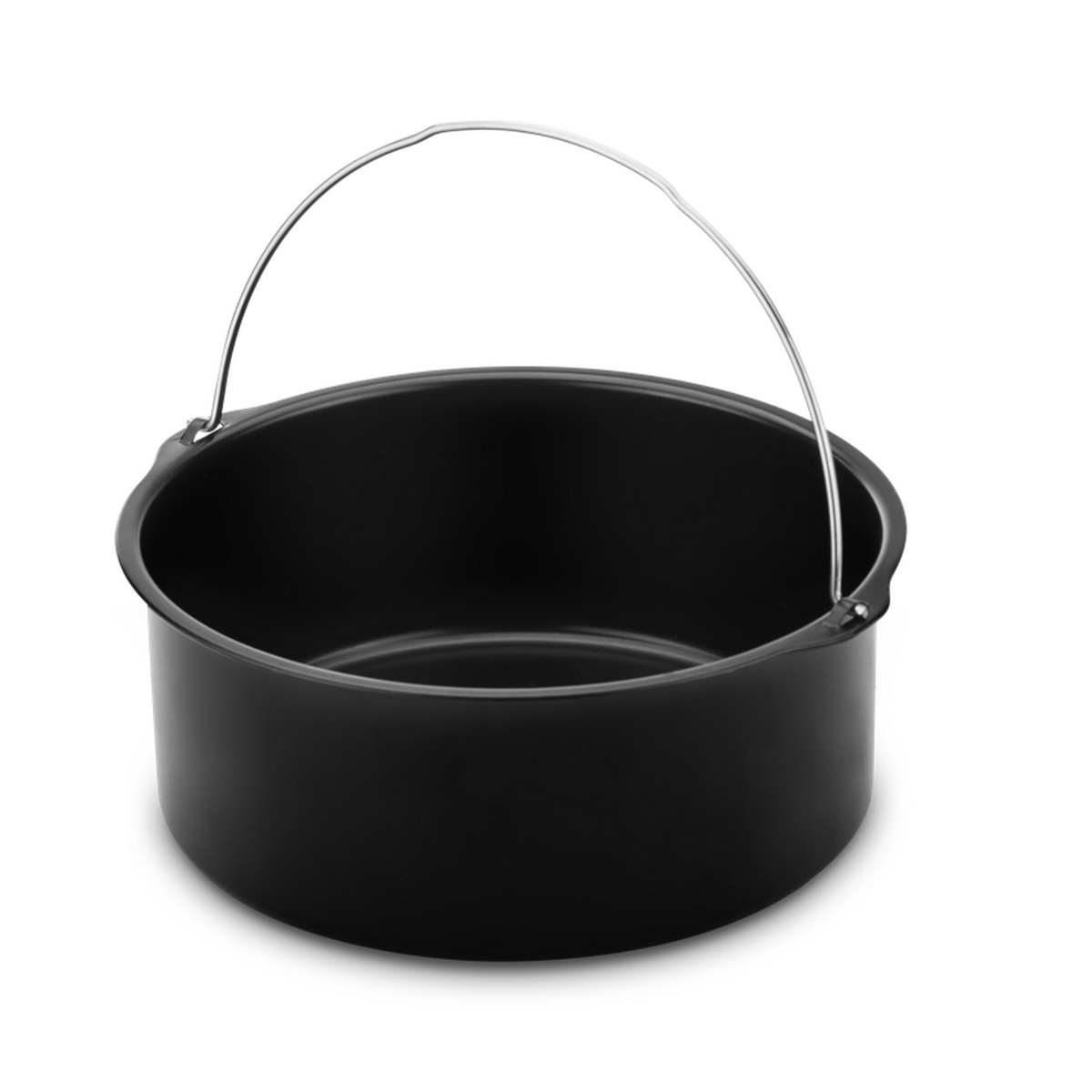 Un cestello per friggitrice ad aria nero con manico, su sfondo bianco.