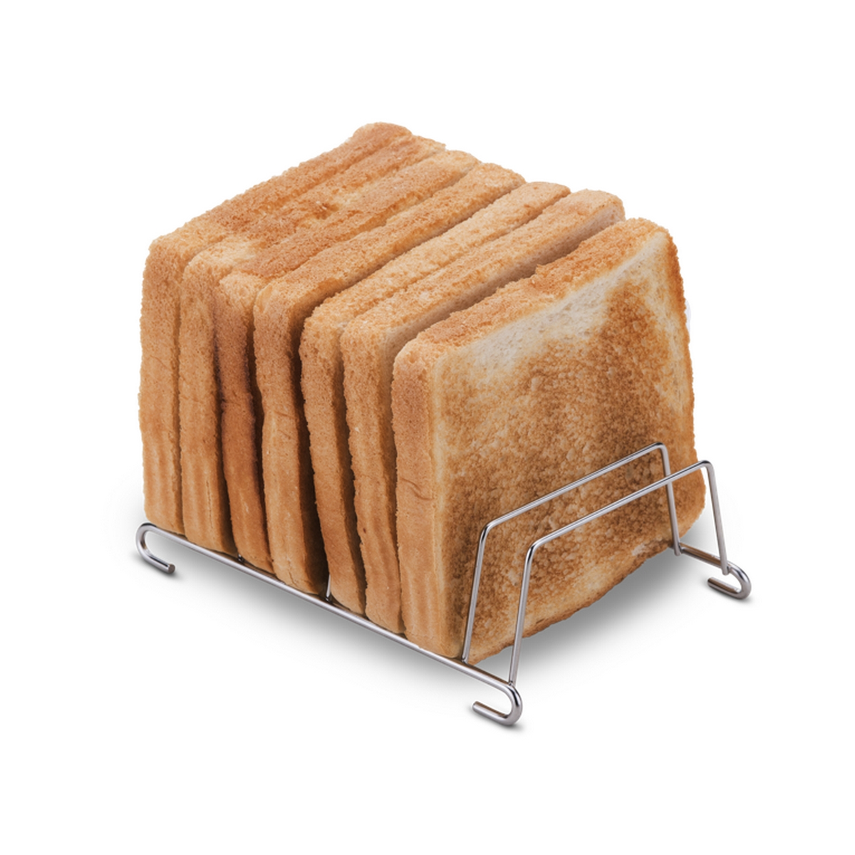 Un supporto in metallo con sei fette di pane tostato, su una superficie bianca.