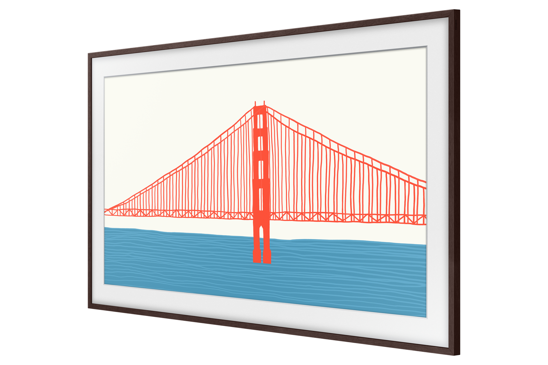 Kunstwerk der Golden Gate Bridge. Es wird auf einem braun gerahmten Bildschirm angezeigt.