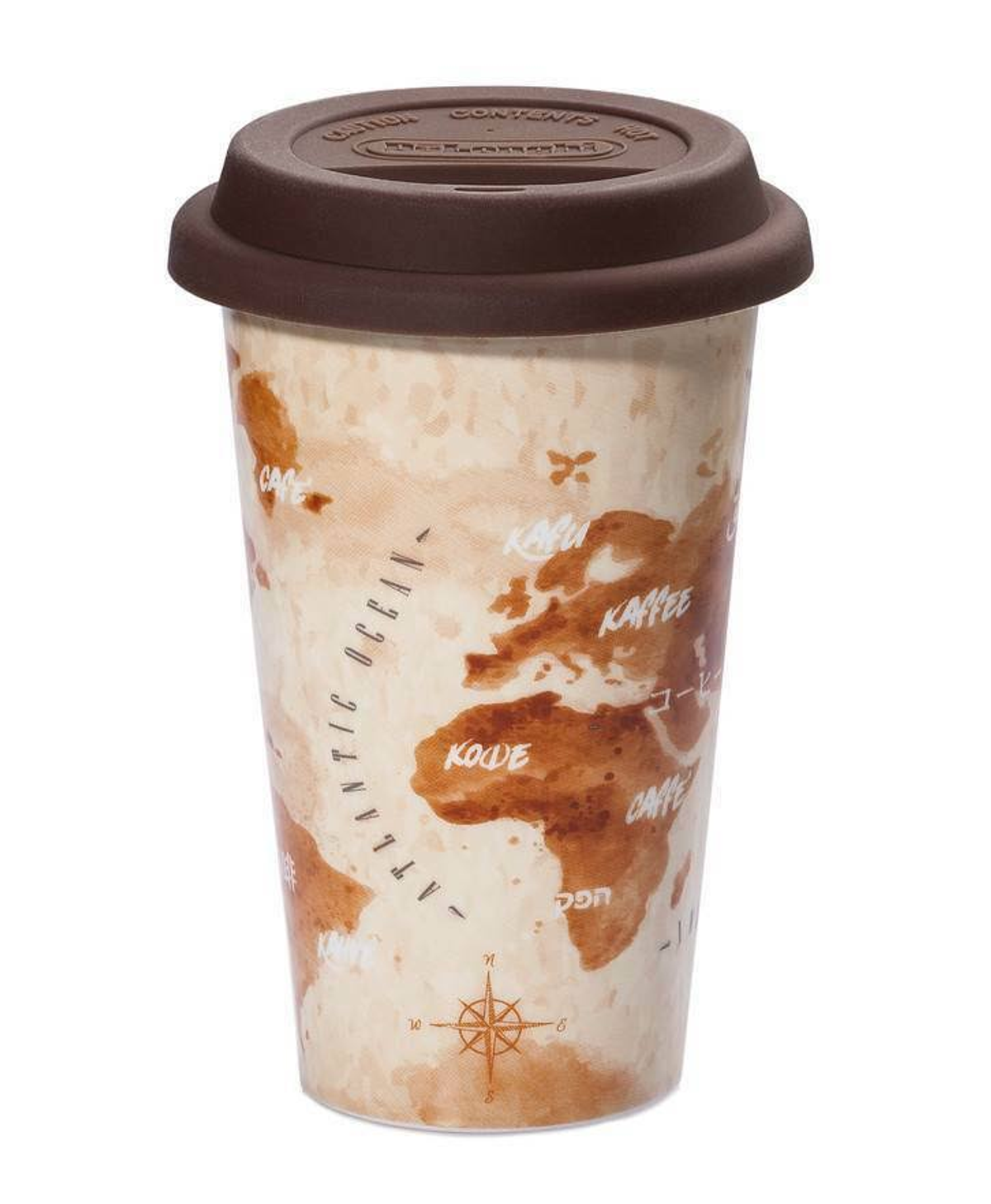 Ein Kaffee-Reisebecher mit Weltkarten-Design. Brauner Deckel und Weltkarten-Illustrationen auf cremefarbenem Hintergrund.