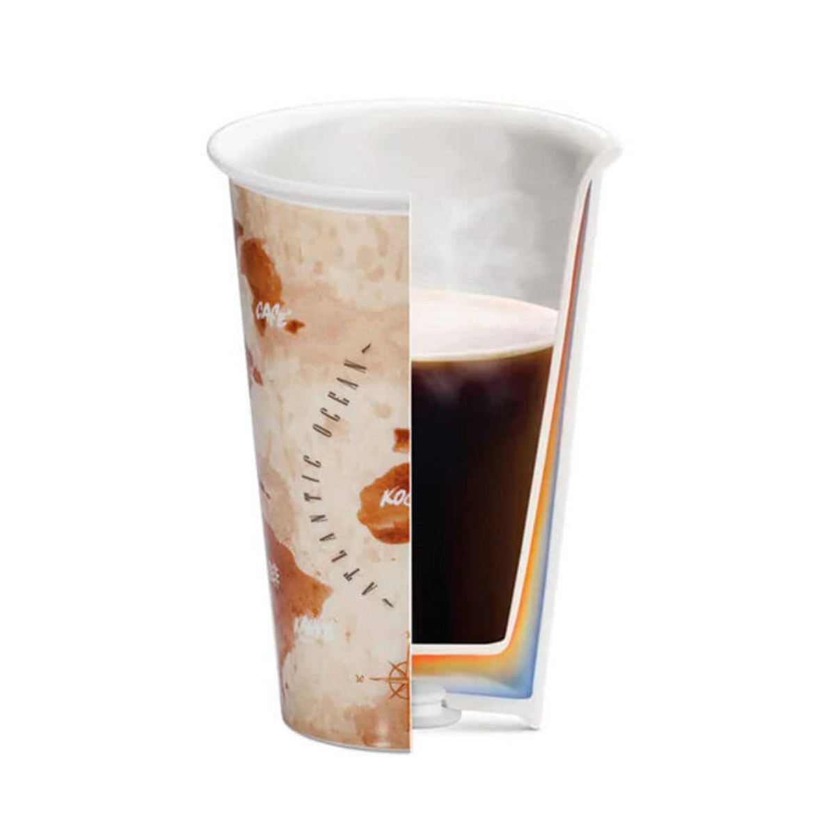 Schnittansicht eines Pappbechers mit dunklem Kaffee, die Schichten des Bechers zeigend.