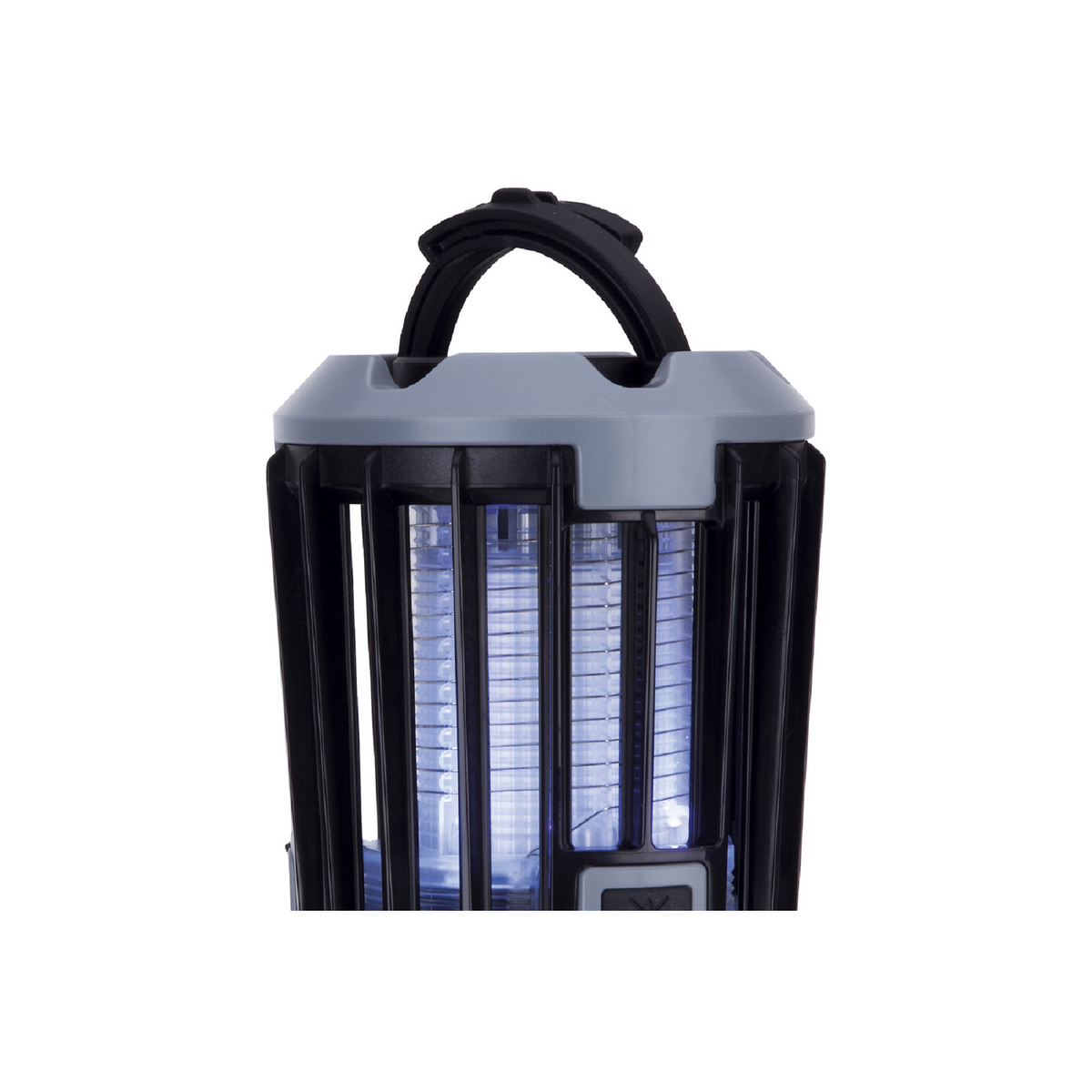Primer plano de un matamosquitos con asa y luces azules.