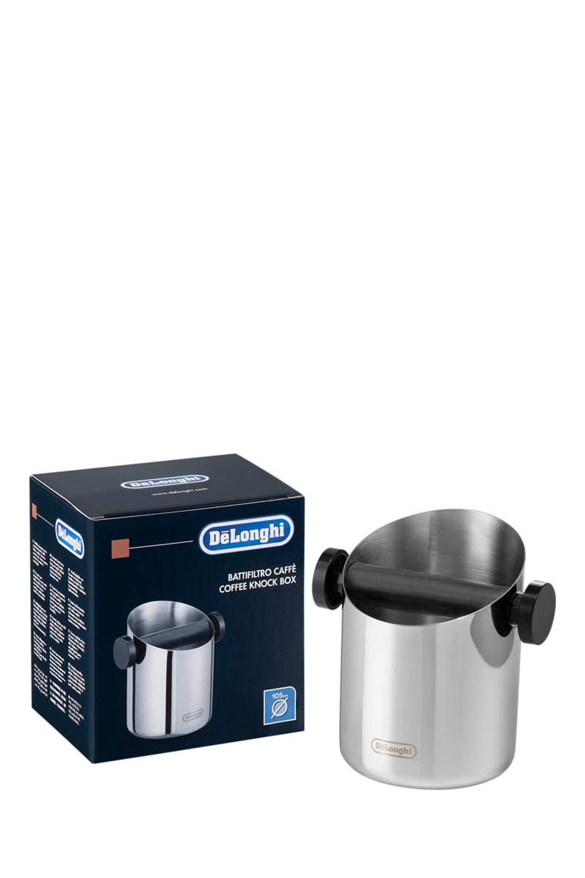 Eine DeLonghi Kaffeeklopfbox und ihre Schachtel, beide vor weißem Hintergrund.