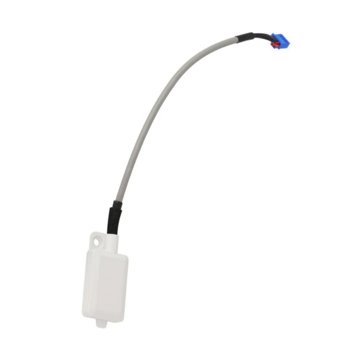 Cable gris con contenedor blanco y conectores azul y rojo.
