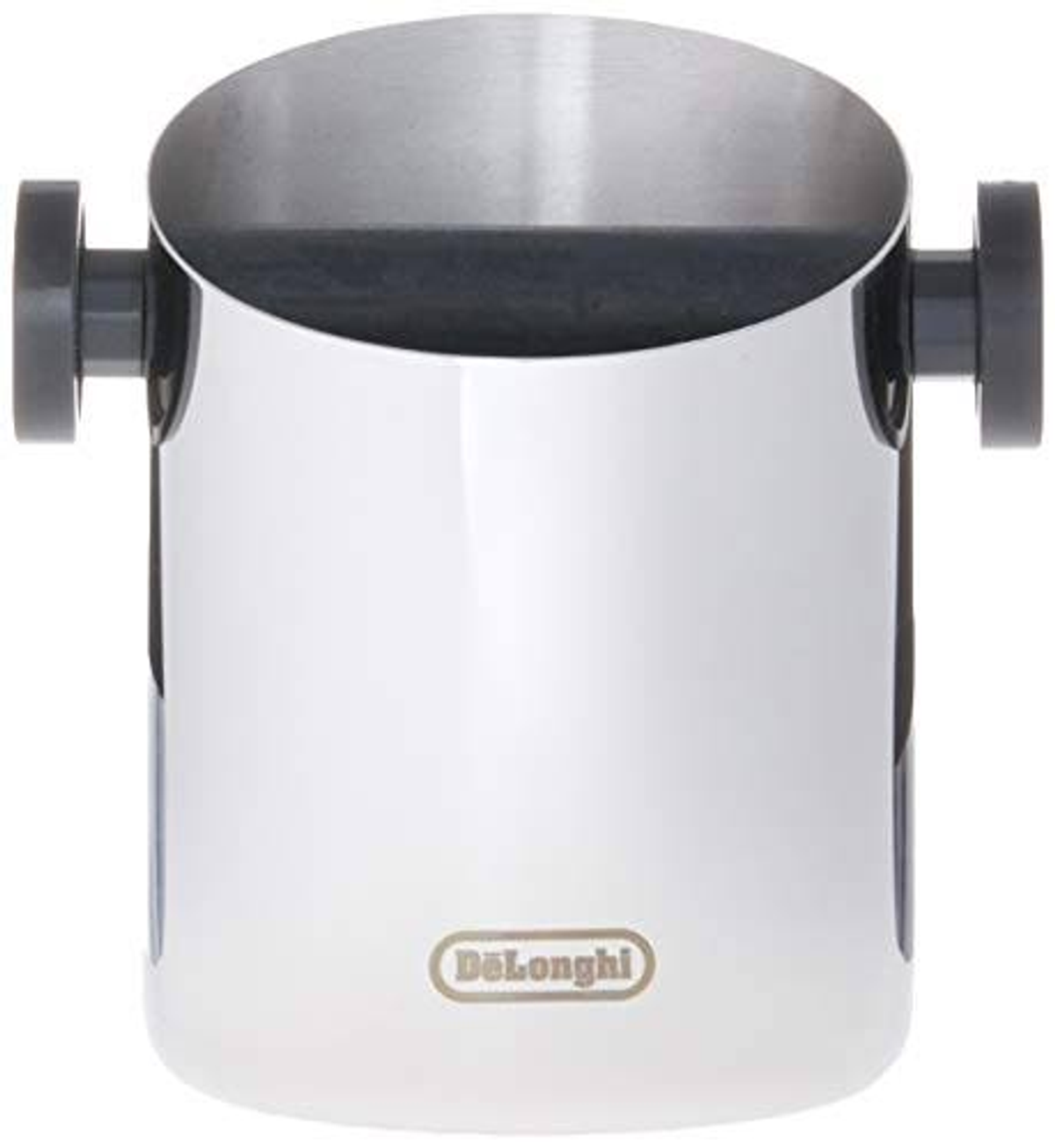 Kaffee Abschlagbox aus Edelstahl, mit dem DeLonghi Logo.