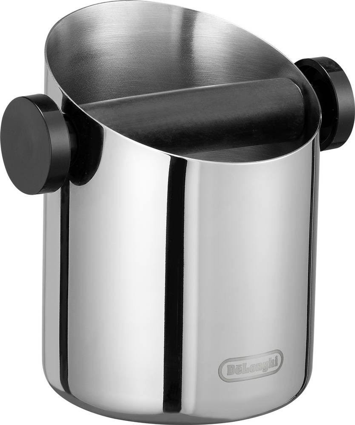 Ein Edelstahl-Kaffeesatzbehälter mit schwarzen Griffen und dem DeLonghi-Logo.