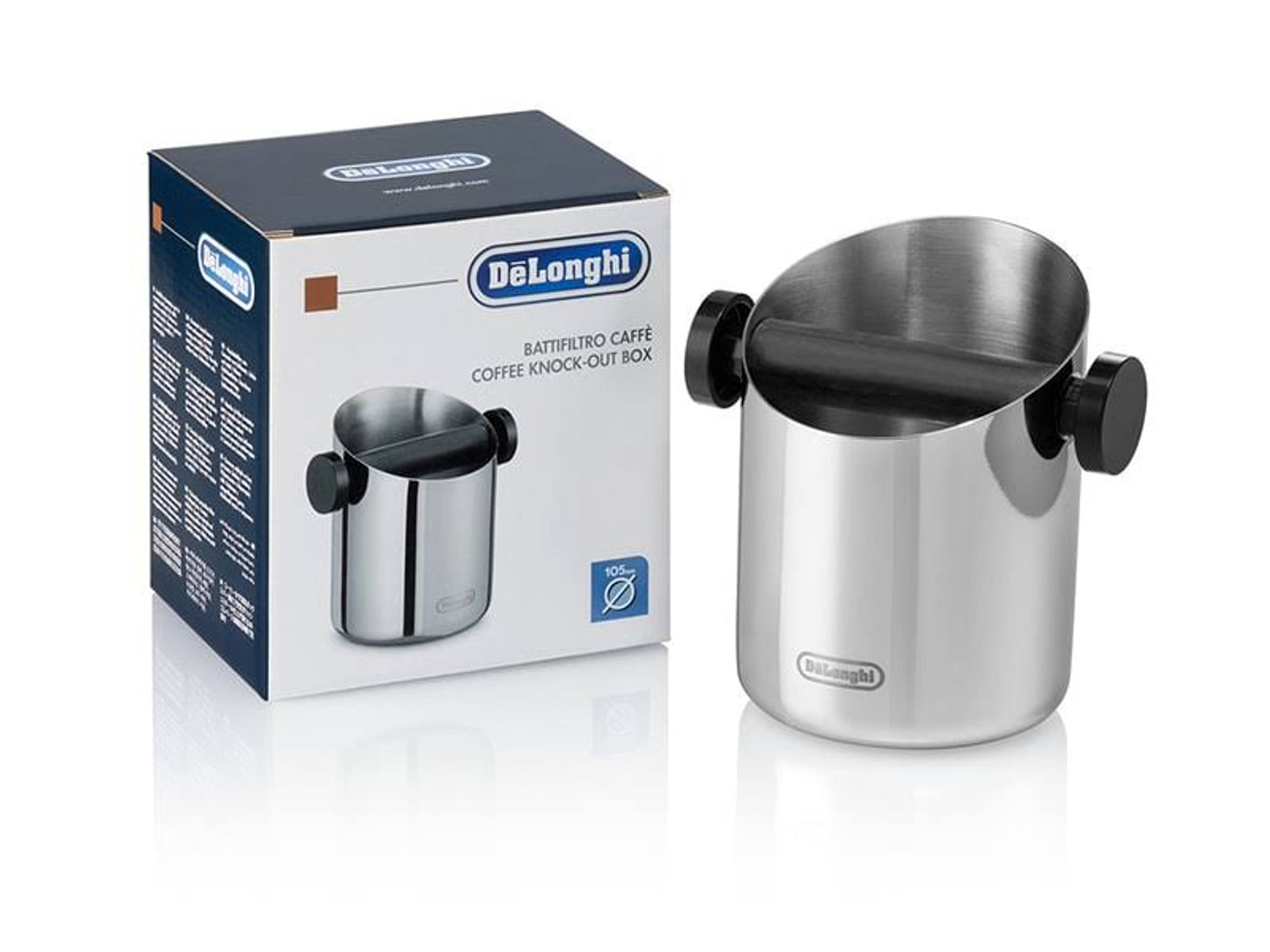 DeLonghi Kaffeeausklopfer, mit Box im Hintergrund. Edelstahl und schwarzes Design.