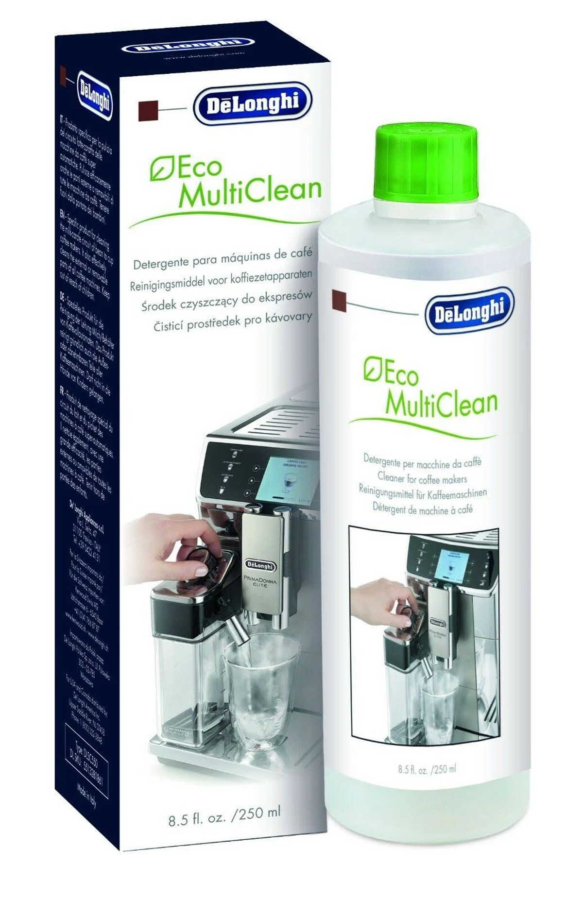 DeLonghi Eco MultiClean Produkt neben der Maschine. Flasche mit grünem Deckel und eine Box.