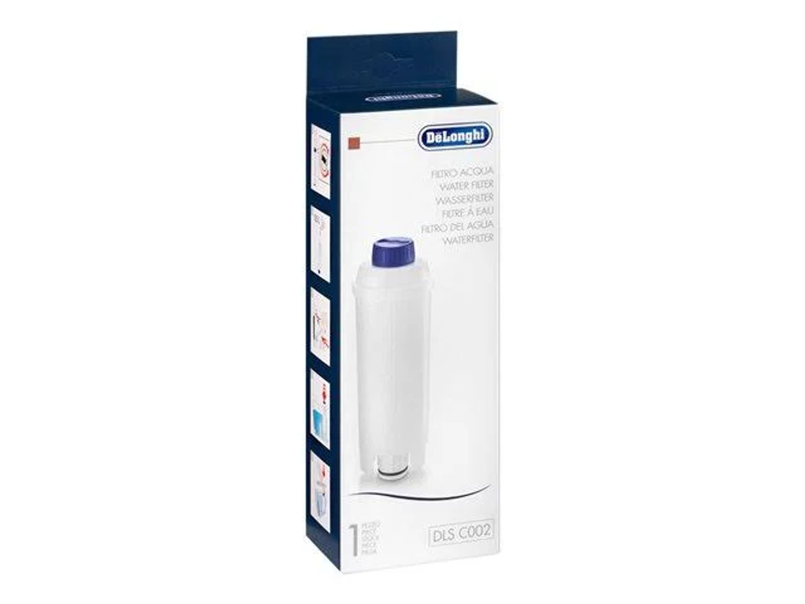 Ein De'Longhi Wasserfilter in einer weiß-blauen Schachtel, der einen zylindrischen Filter zeigt.