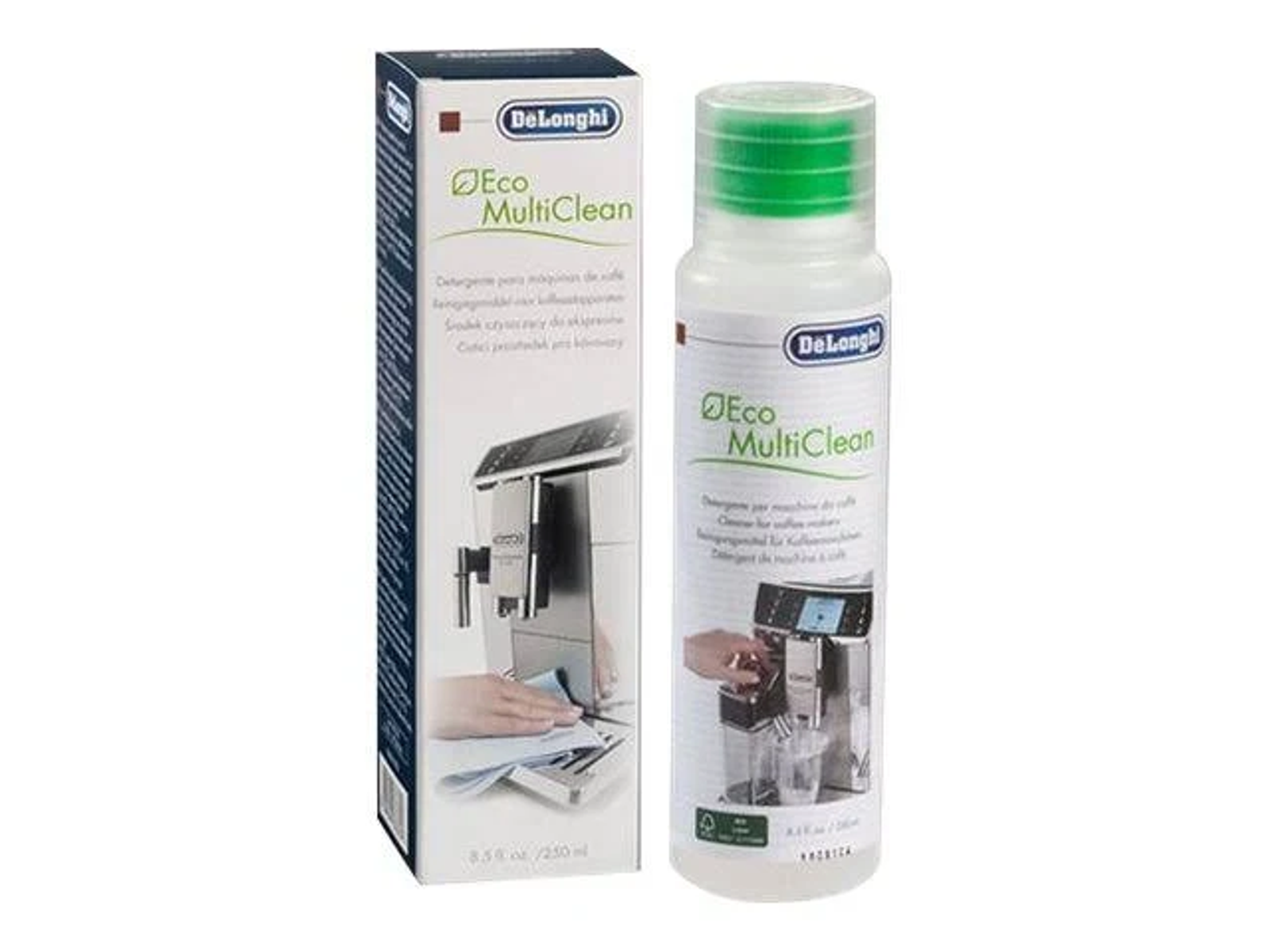 DeLonghi Eco MultiClean Reinigerflaschen und -box, weißer Hintergrund. Die Flasche hat einen grünen Deckel und Text.