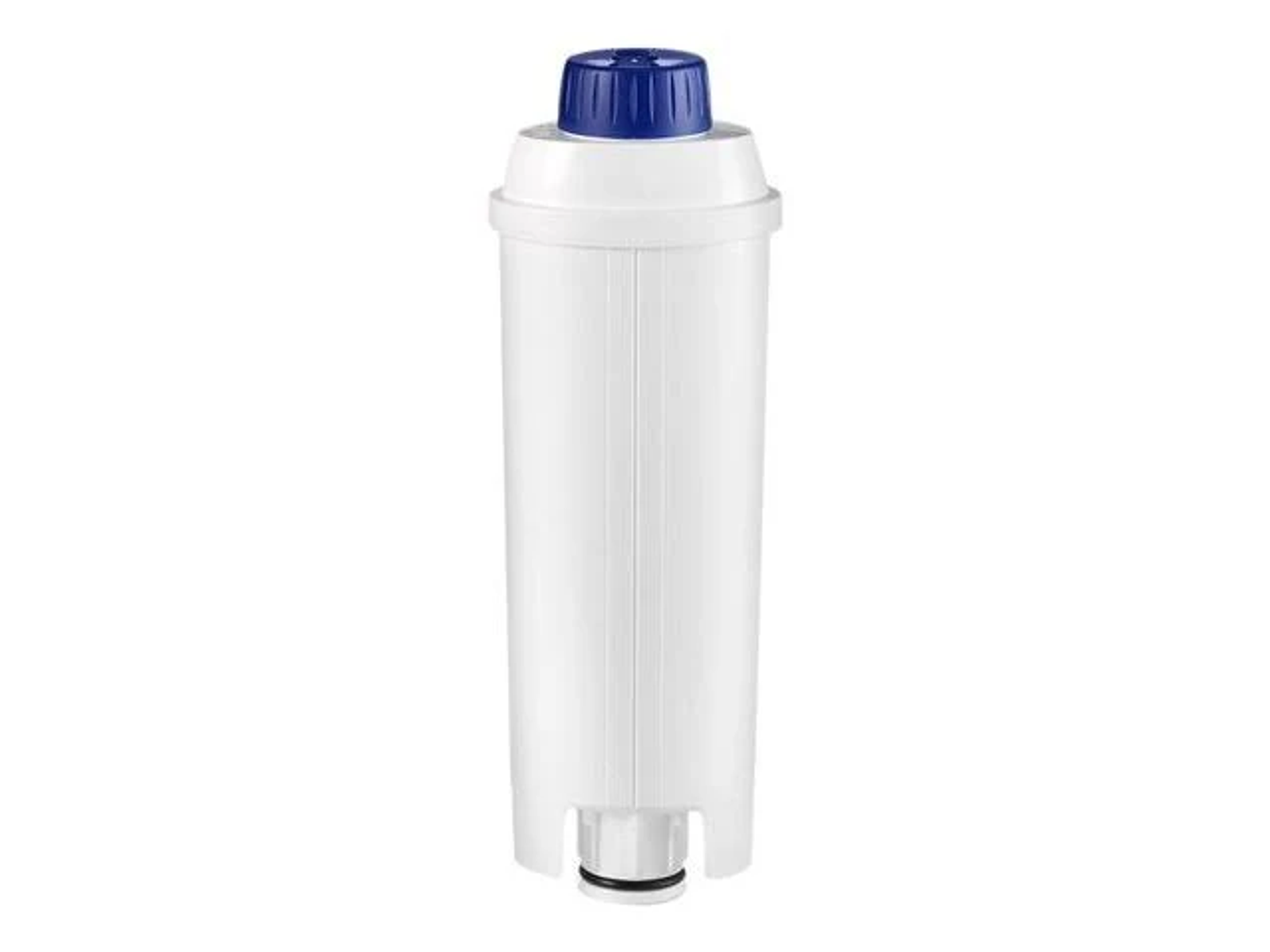 Ein weißer Wasserfilter mit blauem Deckel. Er hat vertikale Rippen und einen schwarzen Sockel.