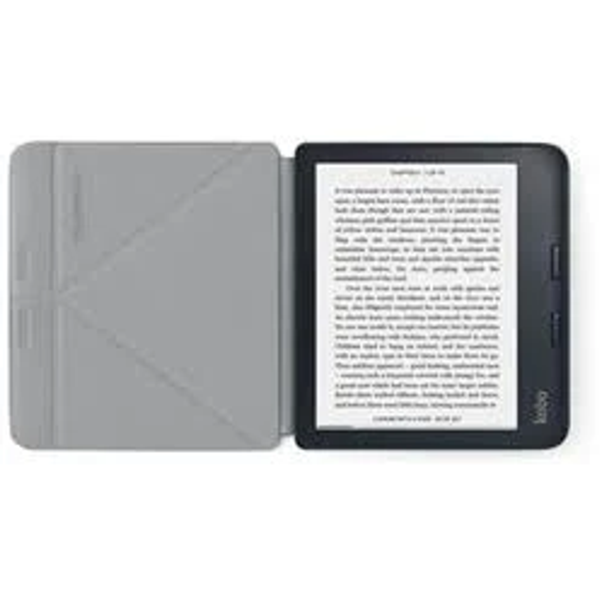 Un lector electrónico gris abierto con texto en la pantalla y una cubierta gris a la izquierda.