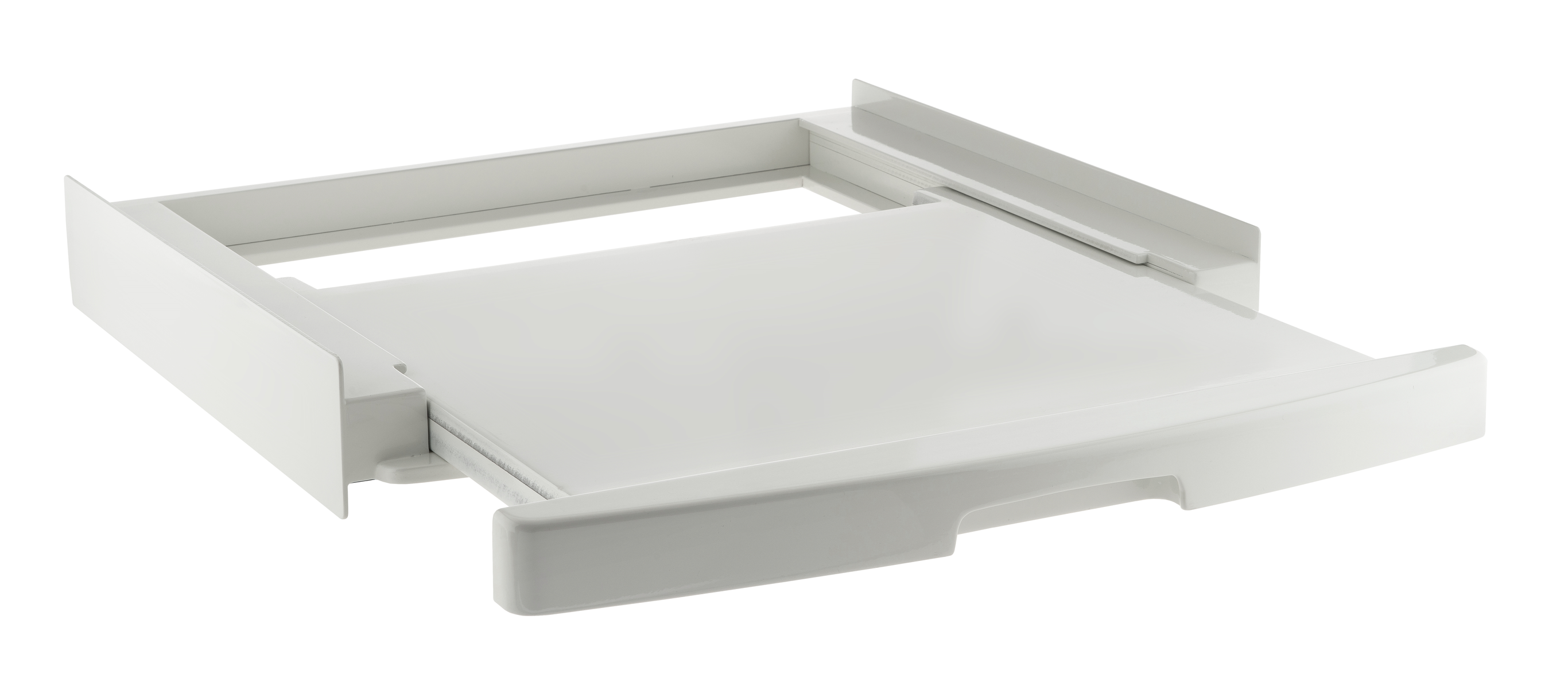 Un cassetto bianco per sotto una lavatrice o un'asciugatrice.