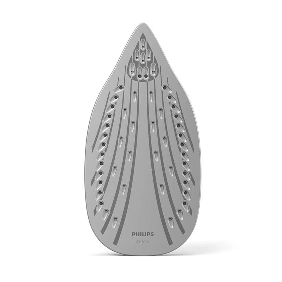 Semelle de fer à repasser, argentée avec le logo Philips Ceramic. Possède de nombreux trous et une extrémité pointue, isolée sur blanc.