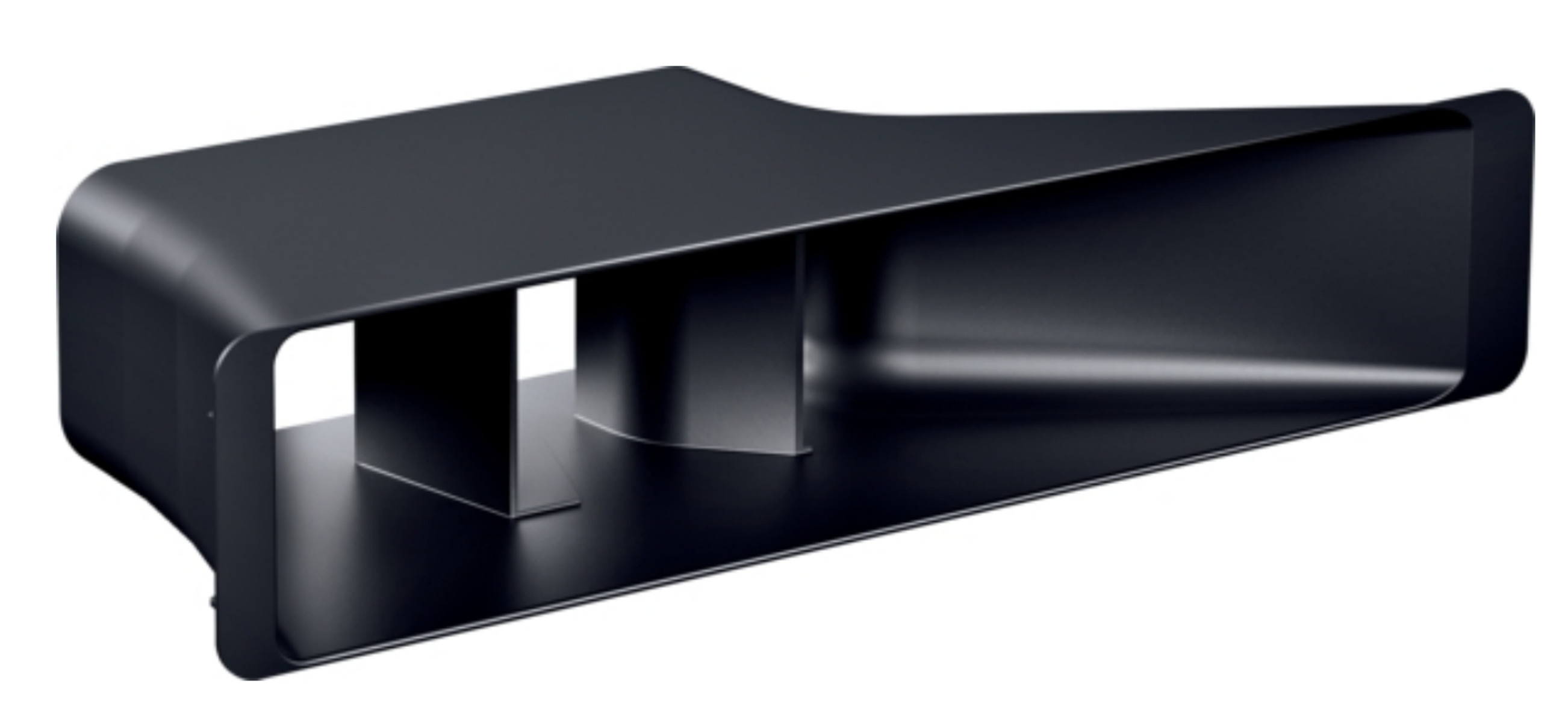 Czarny element wentylacji o ciekawym kształcie, na białym tle.