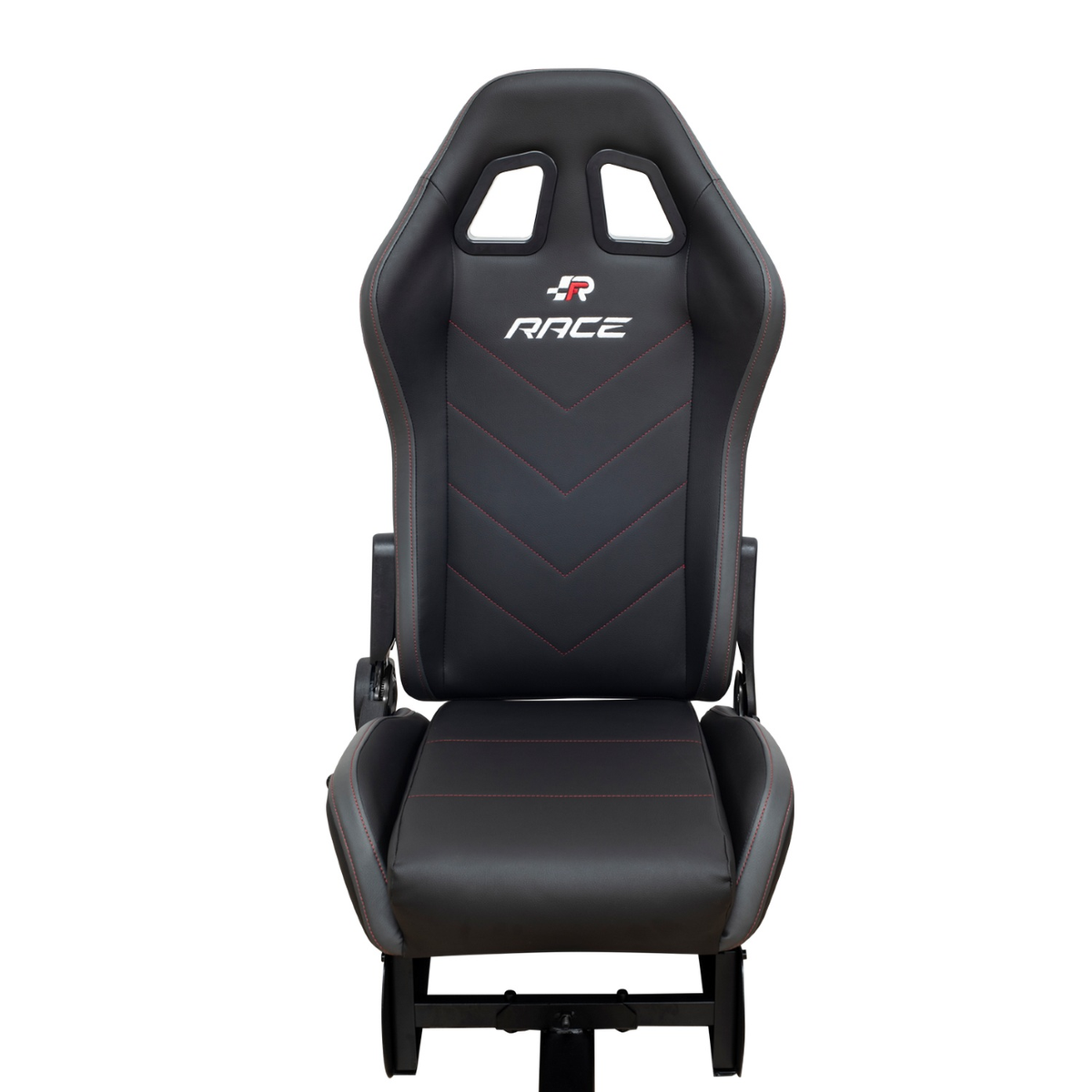 Un asiento de carreras negro con costuras rojas. Tiene un reposacabezas y la palabra 'RACE'.