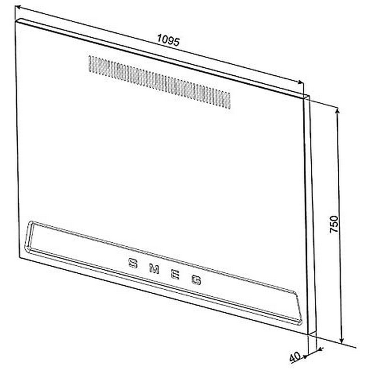 Dibujo lineal de una campana Smeg, con dimensiones: 1095mm ancho, 750mm alto, 40mm profundidad.