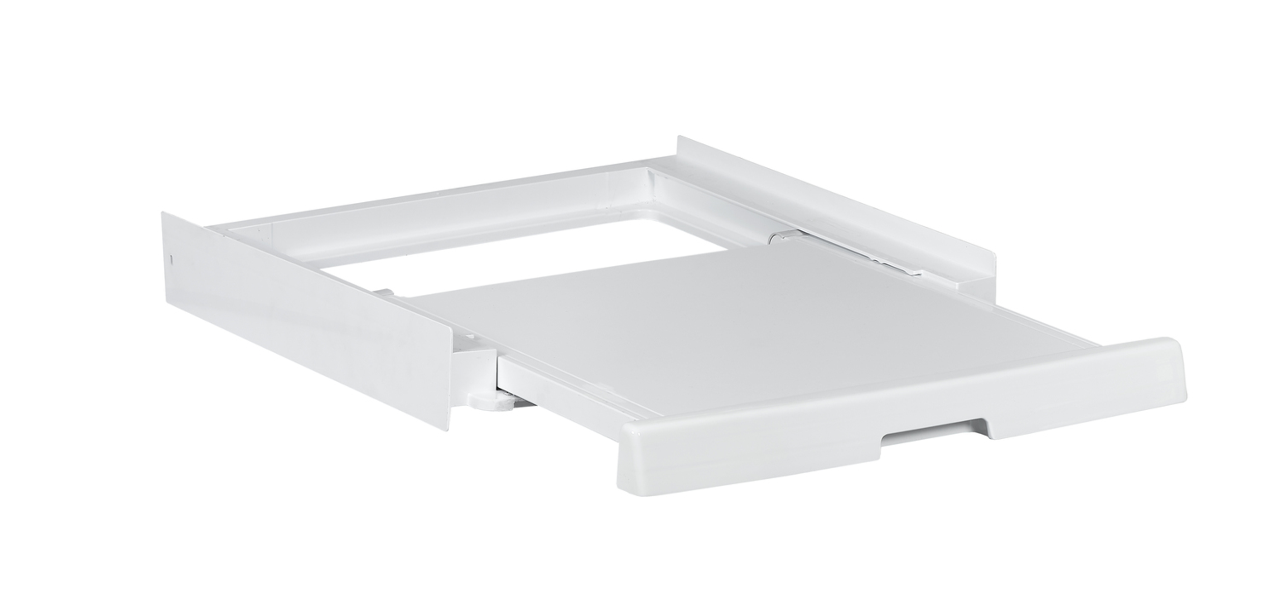 Biała podstawa pralki z wysuwaną szufladą, na białym tle.