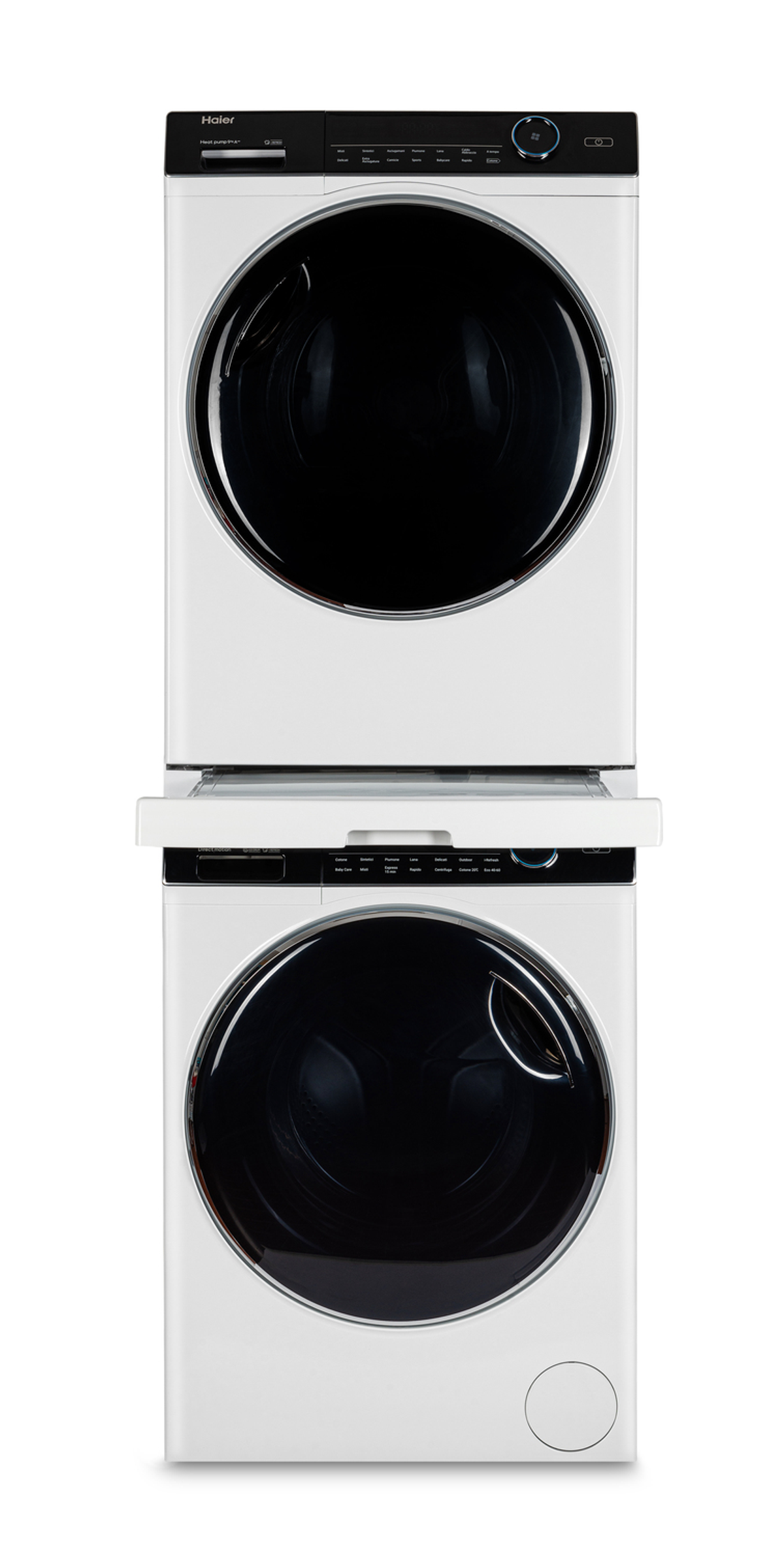 Biała pralka i suszarka w stosie. Oba mają czarne, okrągłe drzwi i górne panele sterowania.