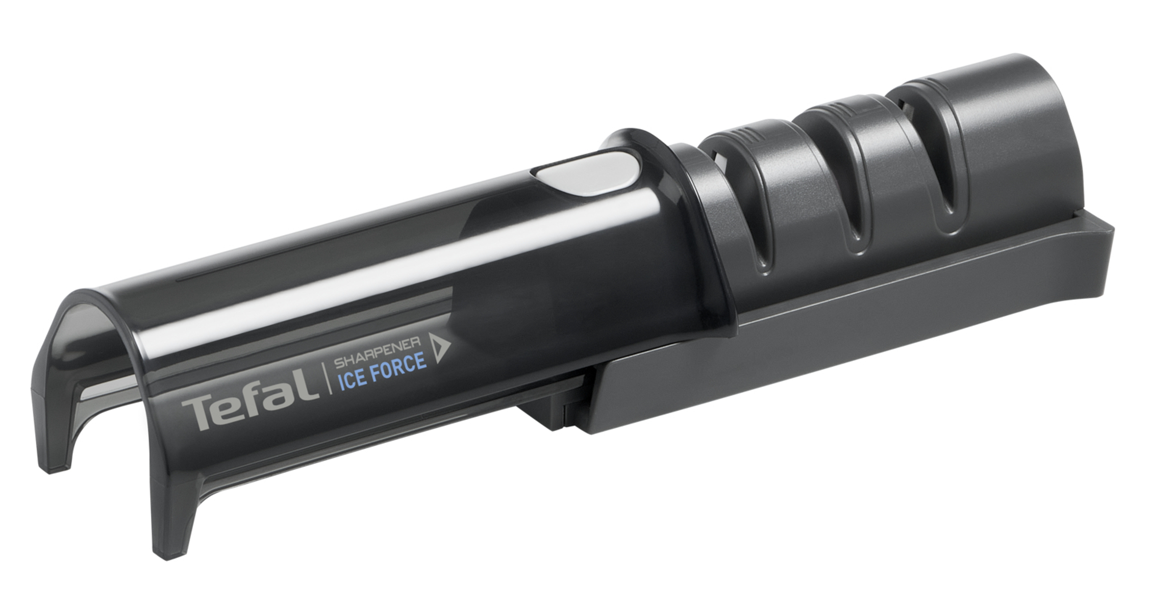 Un afilador de cuchillos Tefal negro y gris con el texto 'SHARPENER ICE FORCE'.