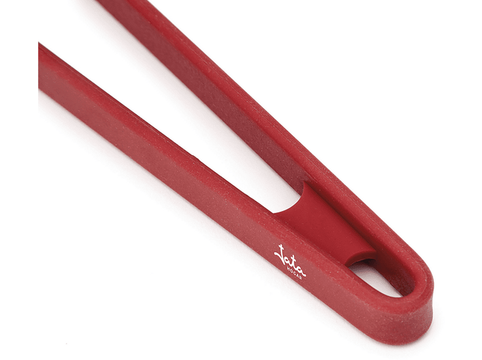 Primer plano de pinzas de cocina rojas con el logotipo de la marca. Las pinzas están abiertas.