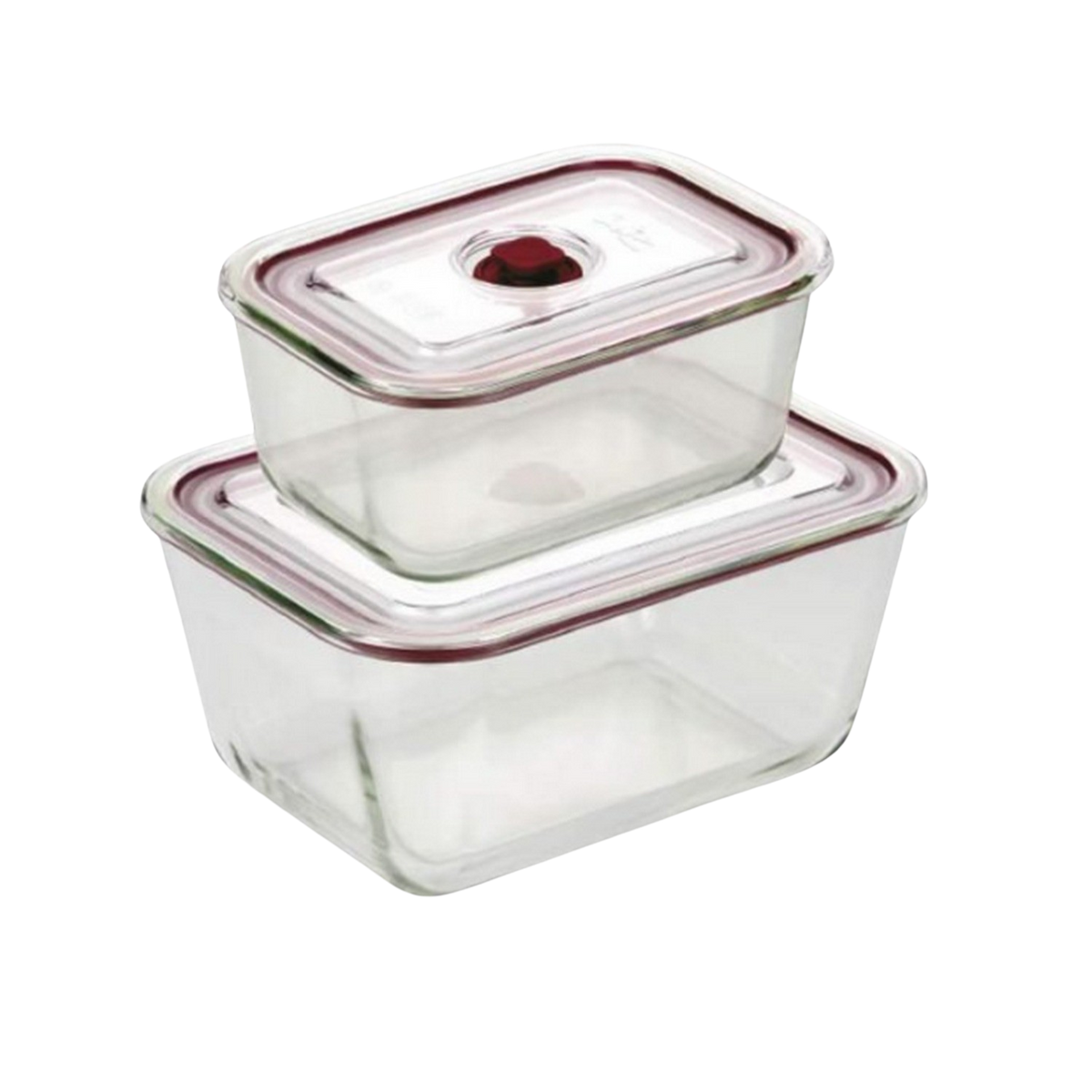 Dos recipientes rectangulares de vidrio transparente para alimentos apilados.