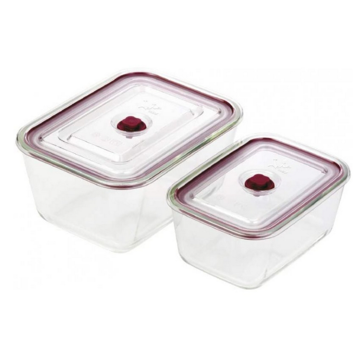 Dos recipientes rectangulares de vidrio transparente para alimentos con tapas rojas.
