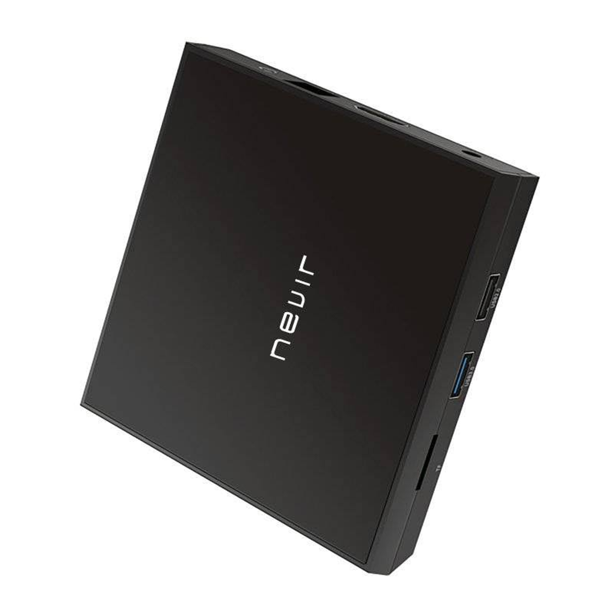 Caja de TV Nevir negra, ligeramente inclinada. Los puertos USB y SD son visibles.