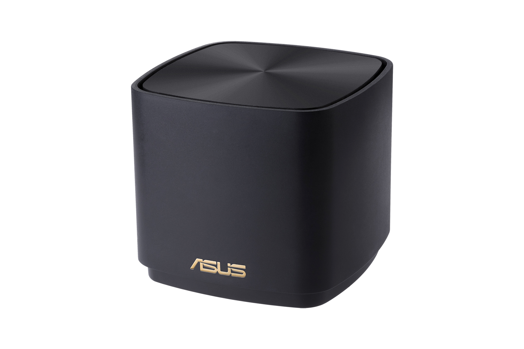 Czarny kwadratowy router ze złotym logo ASUS. Ciemny, nowoczesny design. Białe tło.
