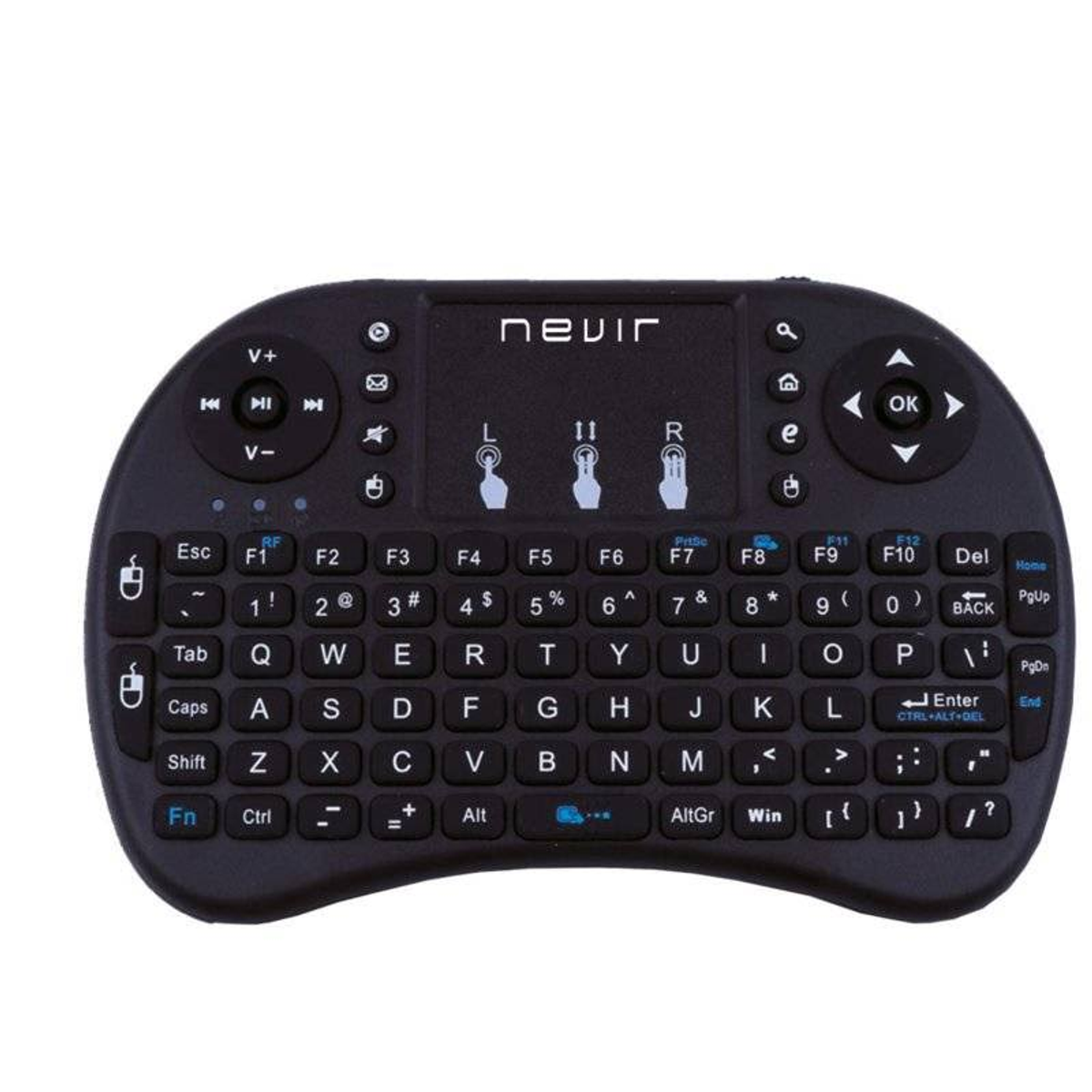 Mini teclado negro ovalado con teclas y panel táctil, fondo negro.