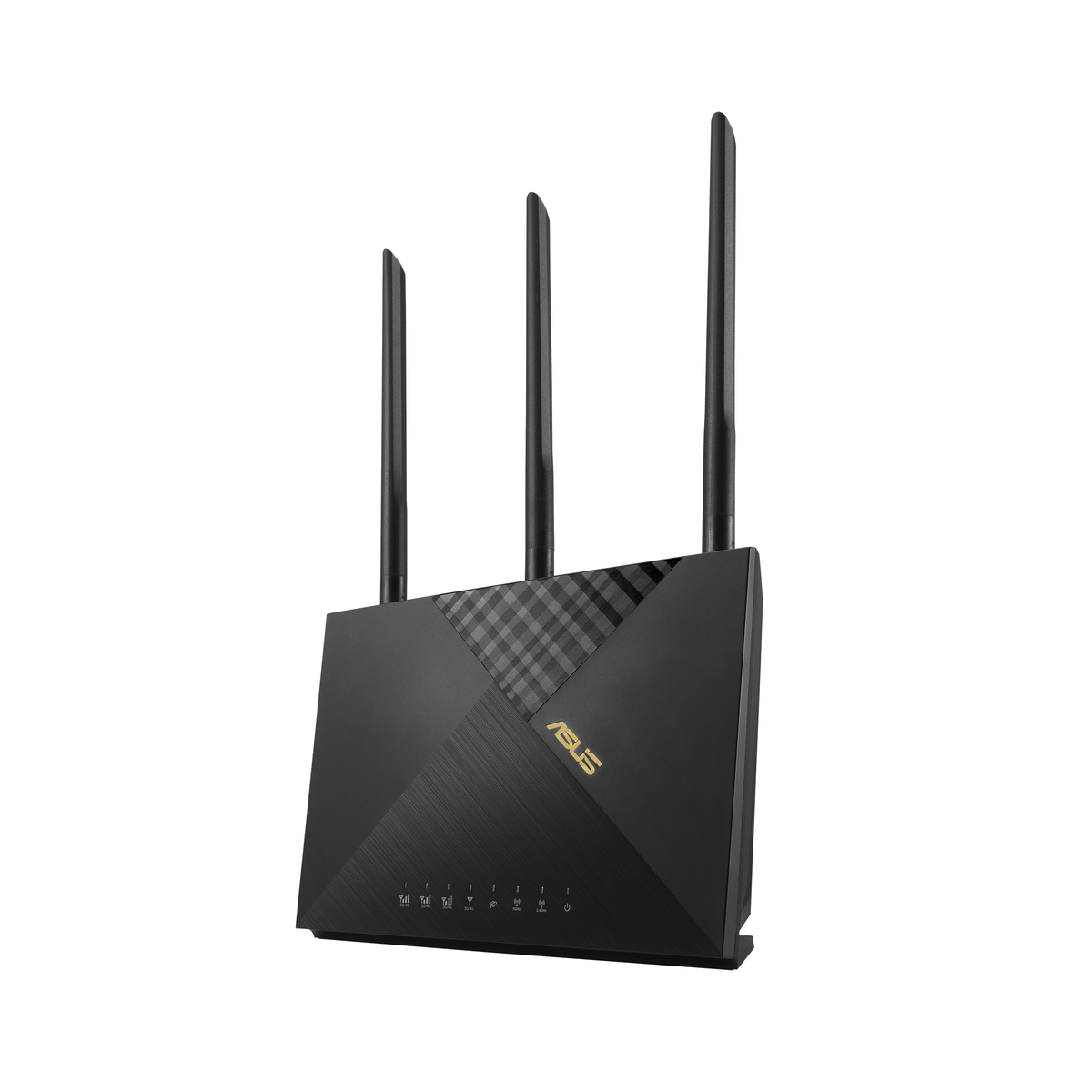 Schwarzer Asus-Router mit drei Antennen, Asus-Logo oben. Steht vor weißem Hintergrund.