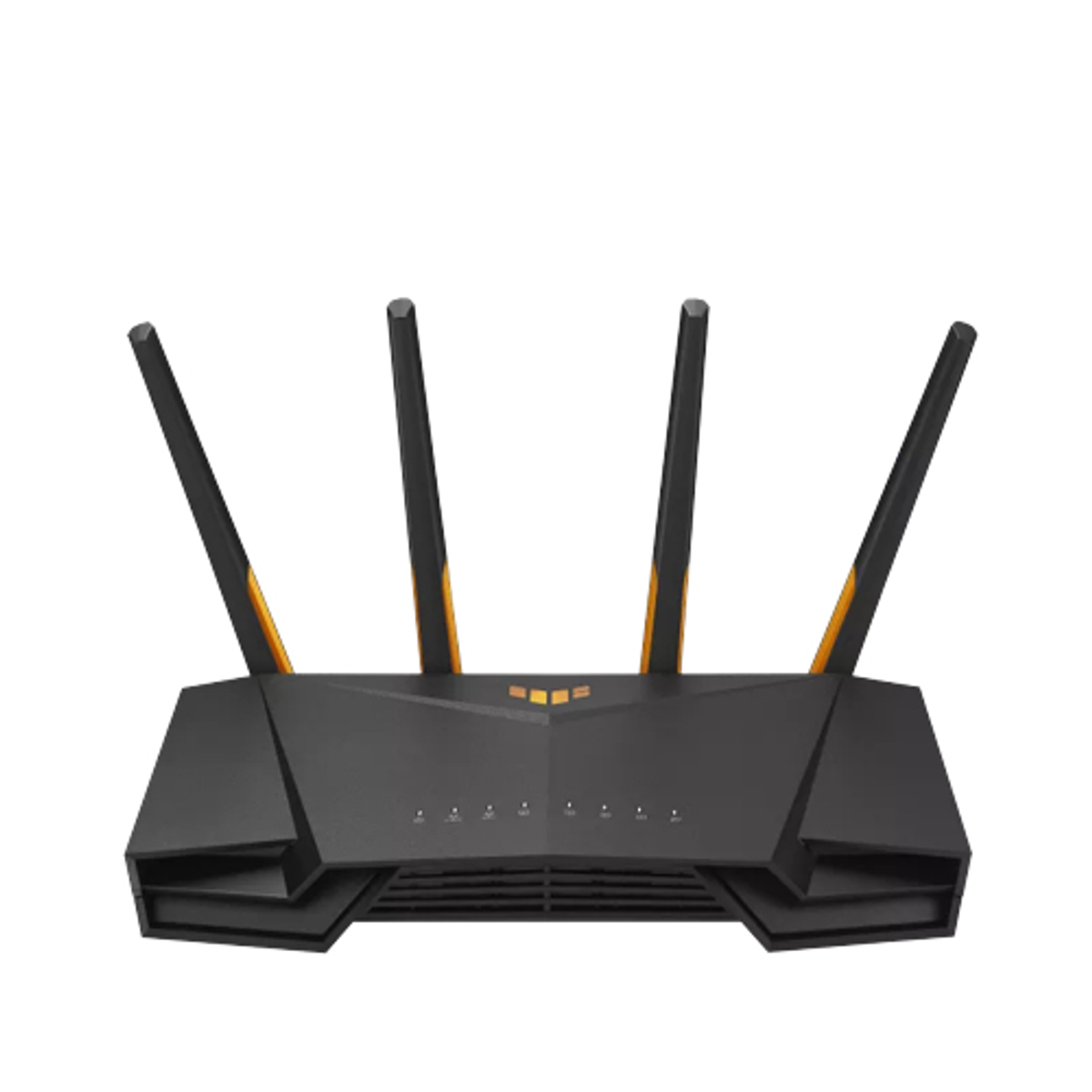 Un router ASUS nero con quattro antenne e un pannello centrale con luci.