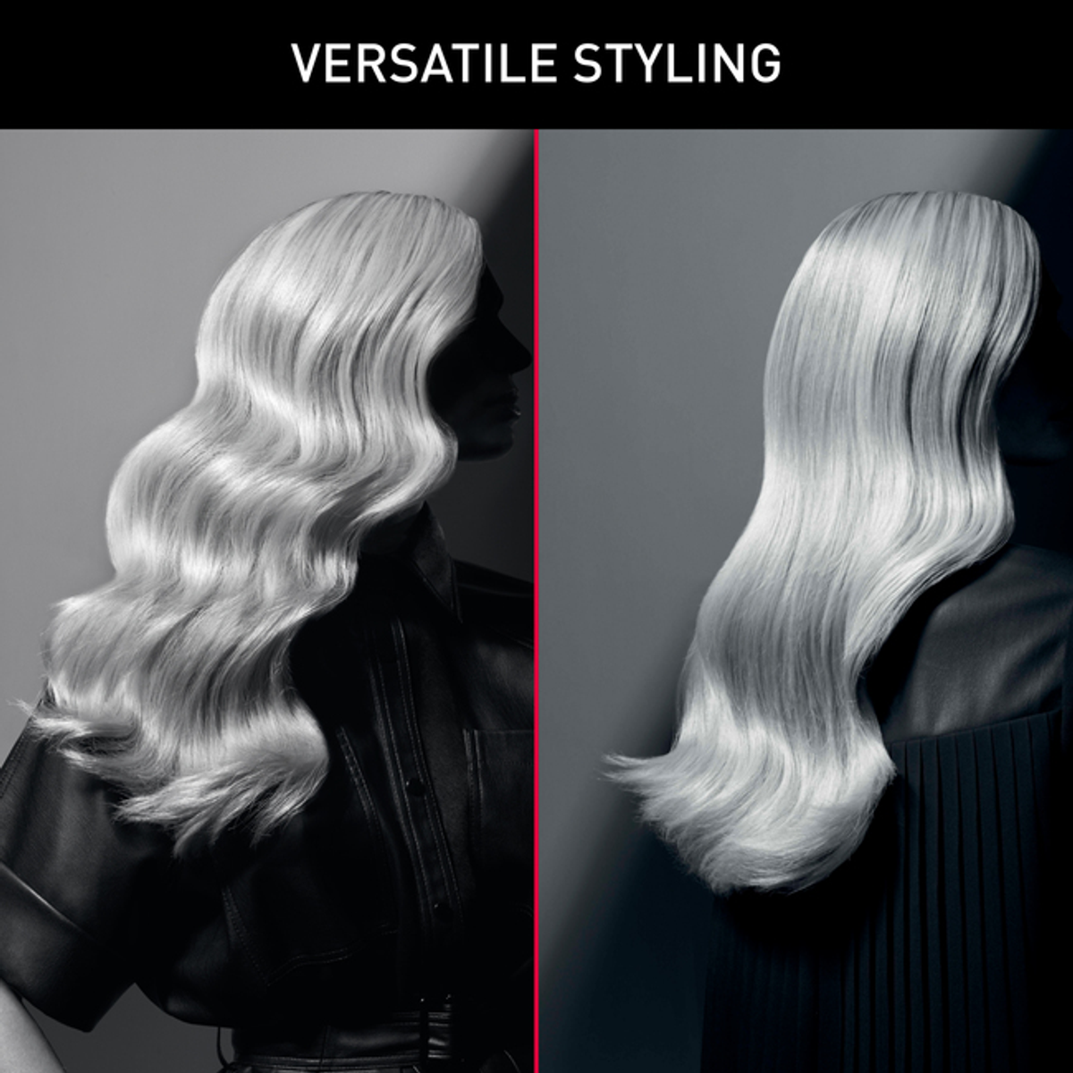 Due immagini che mostrano acconciature con capelli lunghi, mossi, biondo chiaro; il testo 'VERSATILE STYLING' è sopra.