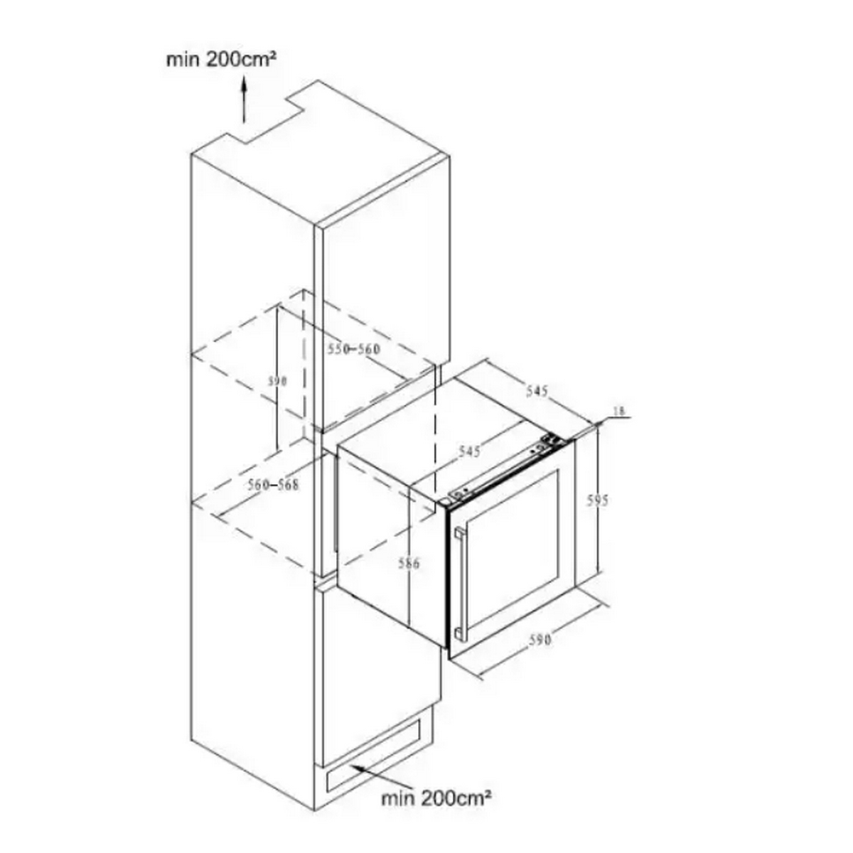 Diagrama de horno empotrado y armario. Dimensiones y flechas mostrando espacio de instalación.