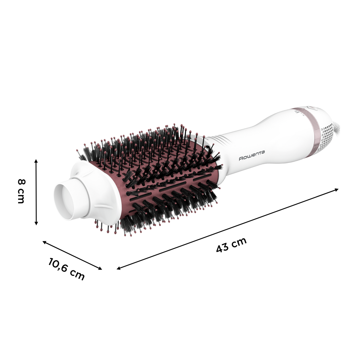 Spazzola per lo styling dei capelli bianca e rosa con setole nere, dimensioni etichettate, isolata su bianco.