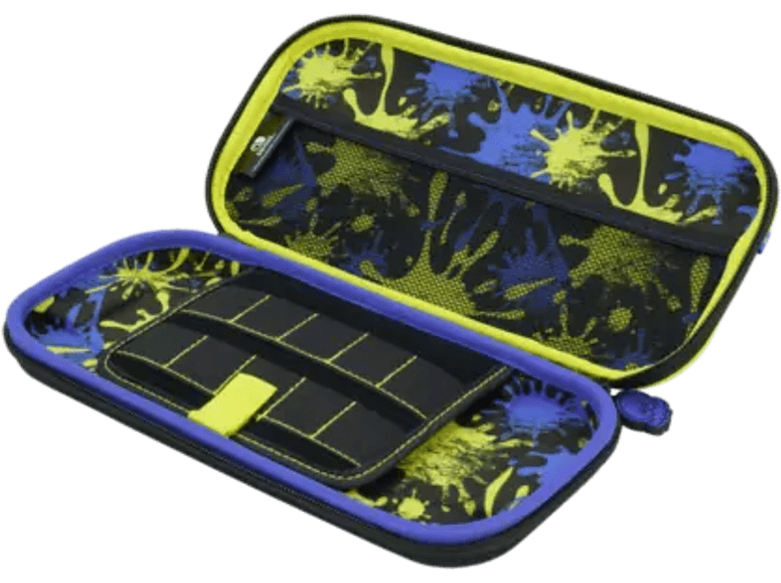 Estuche abierto con diseño de salpicaduras azules y amarillas.