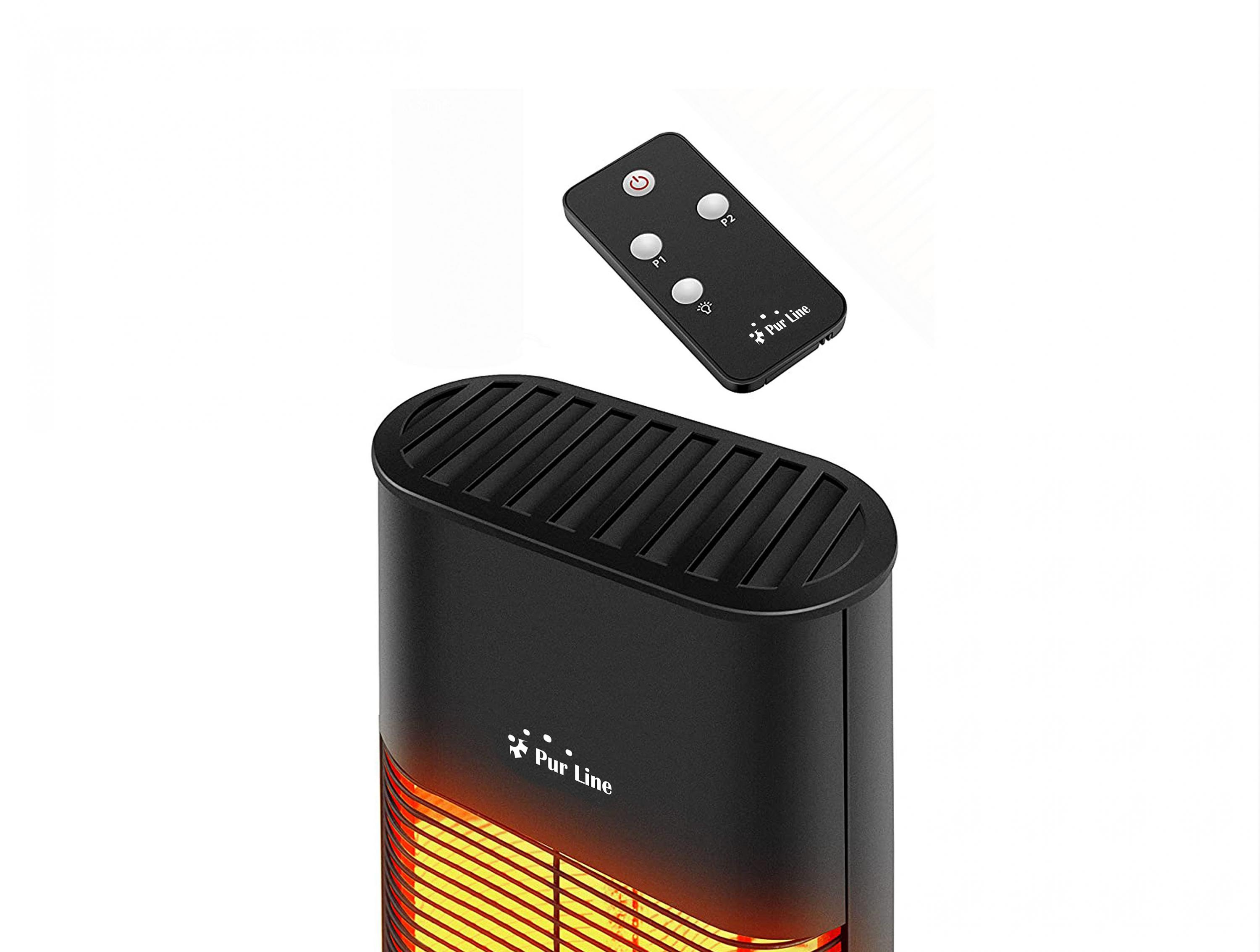 Un calefactor negro con un mando a distancia.