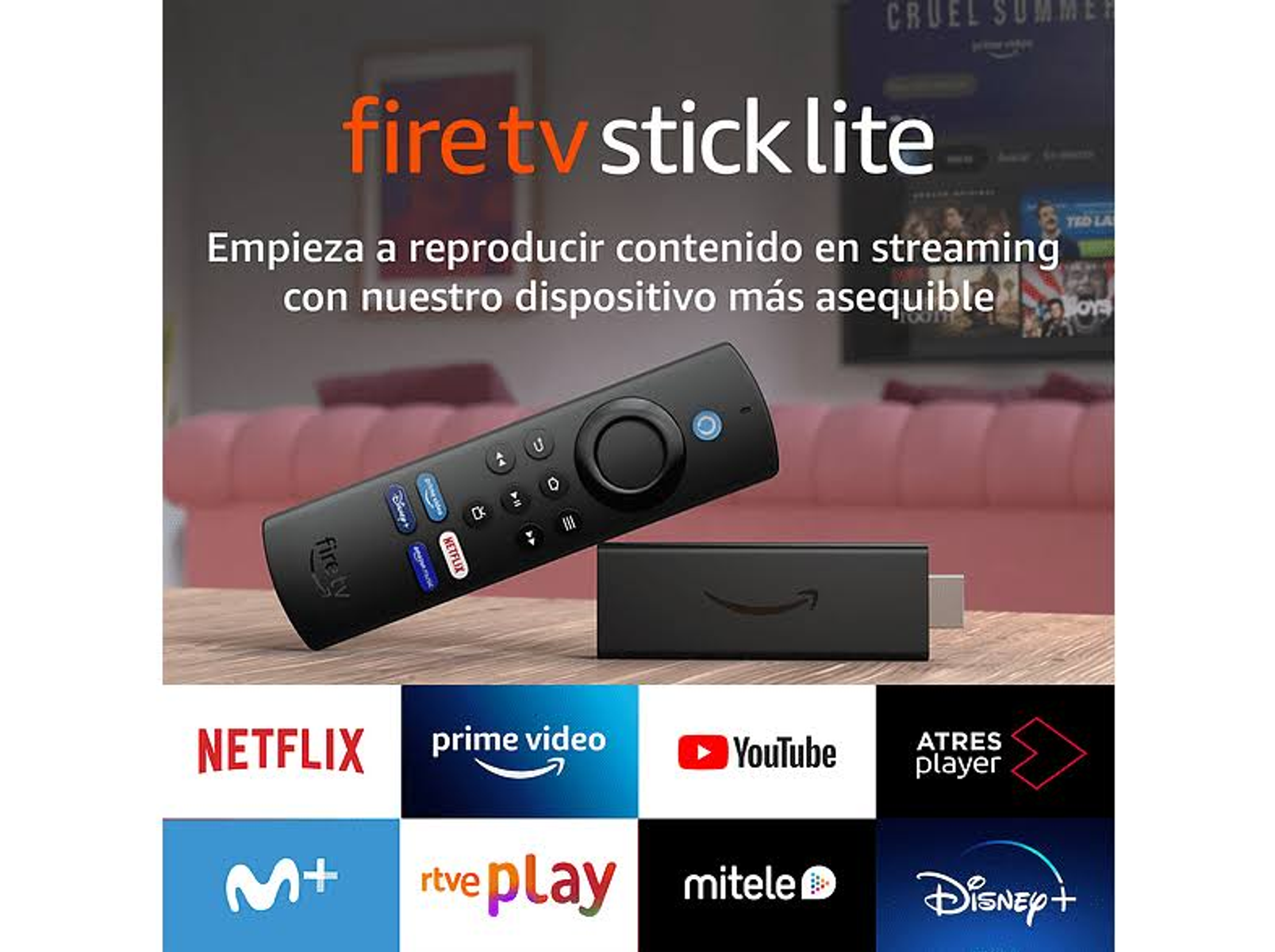 Fire TV Stick Lite con mando a distancia y logotipos de servicios de streaming en el fondo. Incluye Netflix y Prime Video.