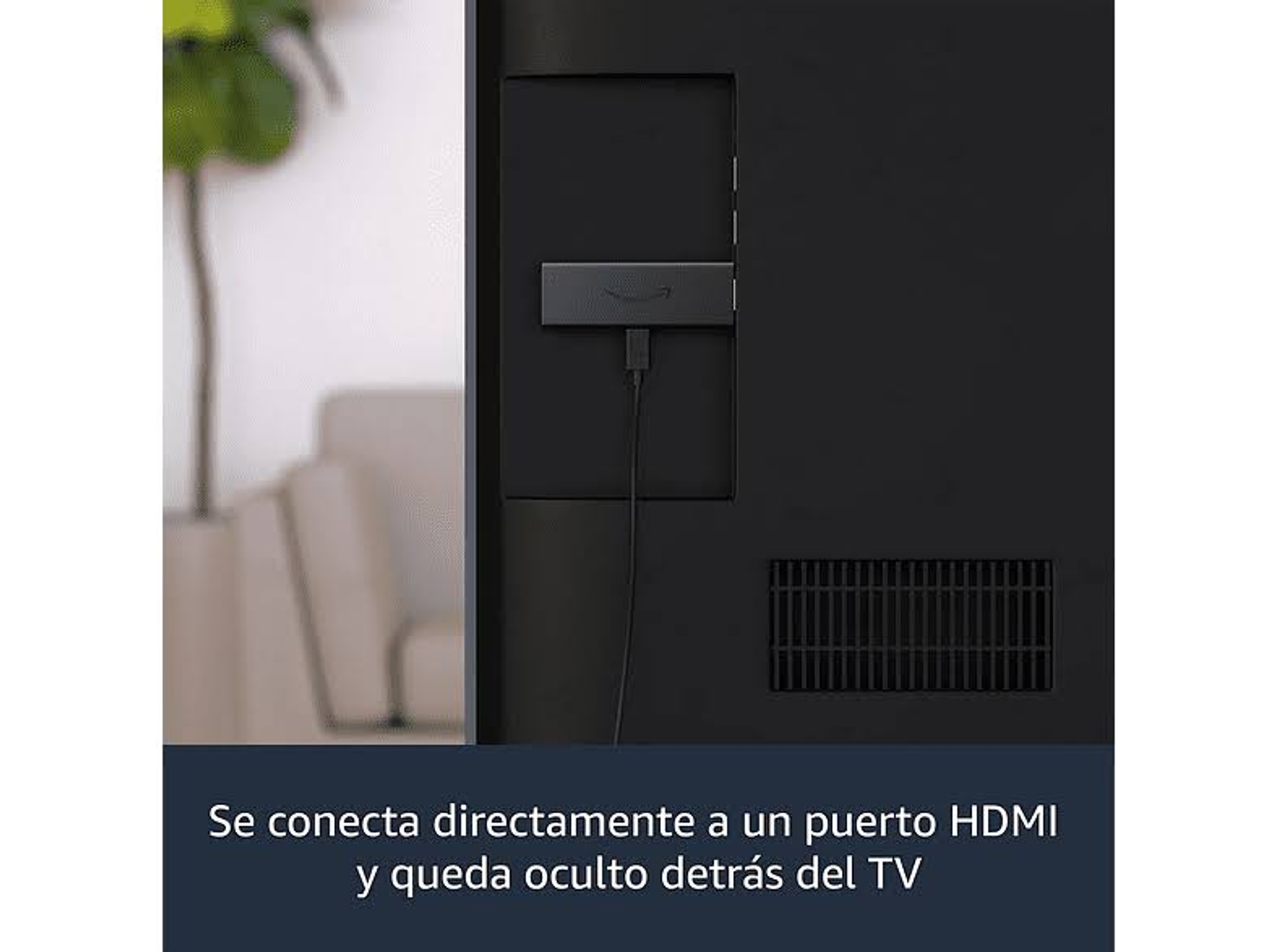 La parte trasera de un televisor con un Fire TV stick enchufado. El texto está en español.
