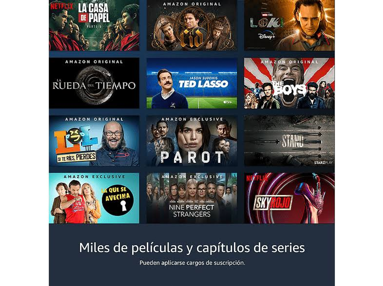 Una cuadrícula de miniaturas de películas. Títulos en español. Incluye Netflix, Amazon y otros servicios de streaming.