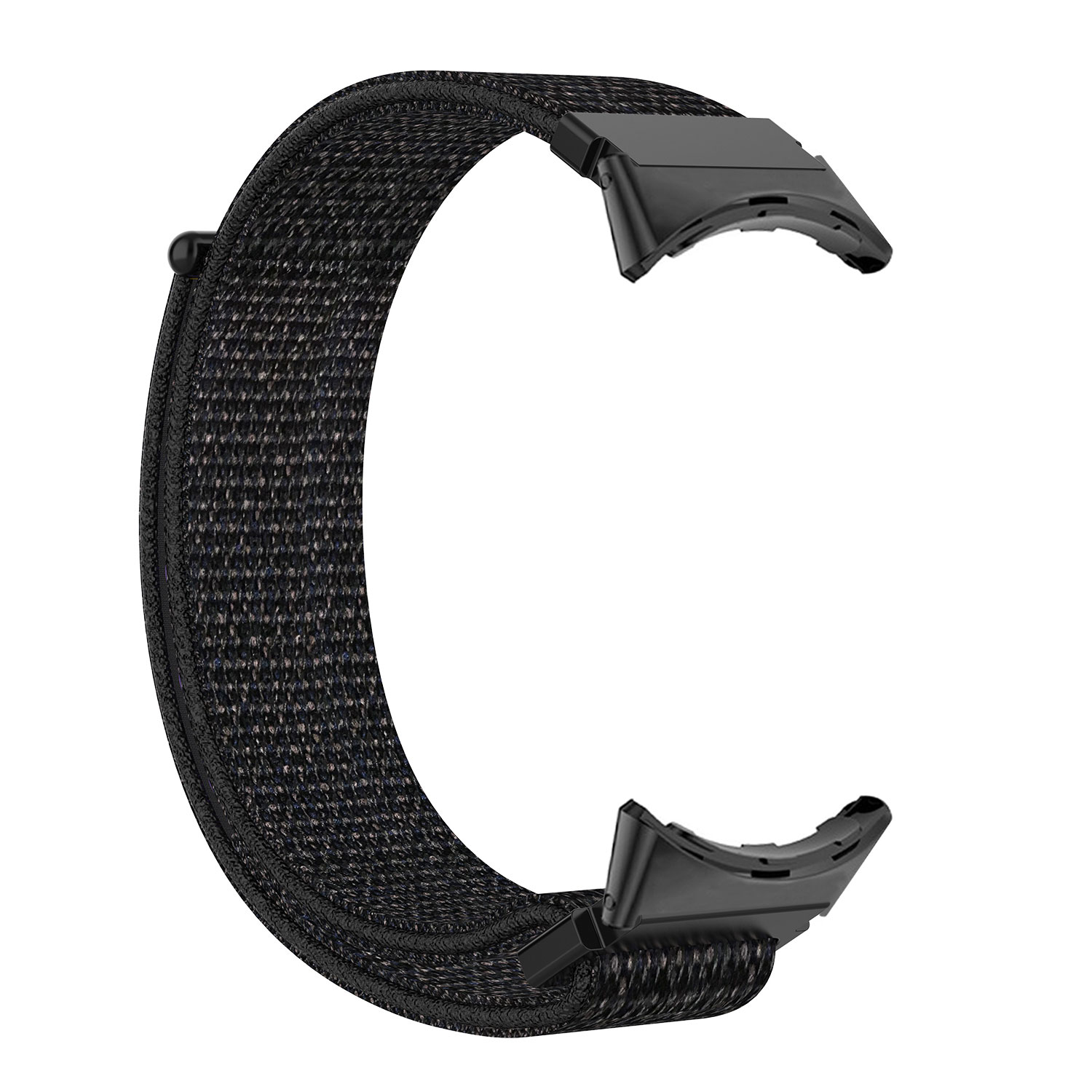 Schwarzes Uhrenarmband, gebogene Form, mit schwarzen Anschlüssen.