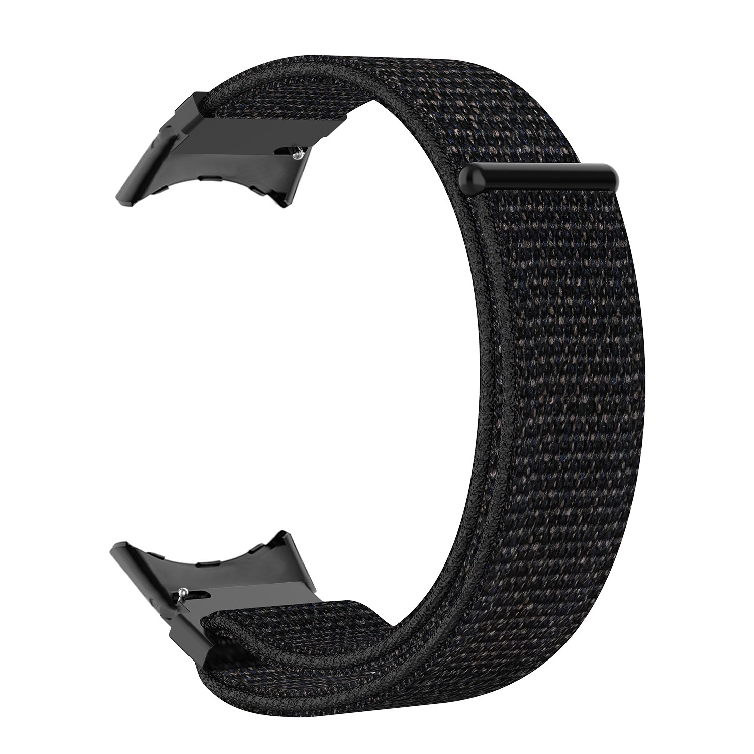 Ein schwarzes und graues Uhrenarmband. Das Armband hat eine gewebte Textur und einen Metallverschluss.