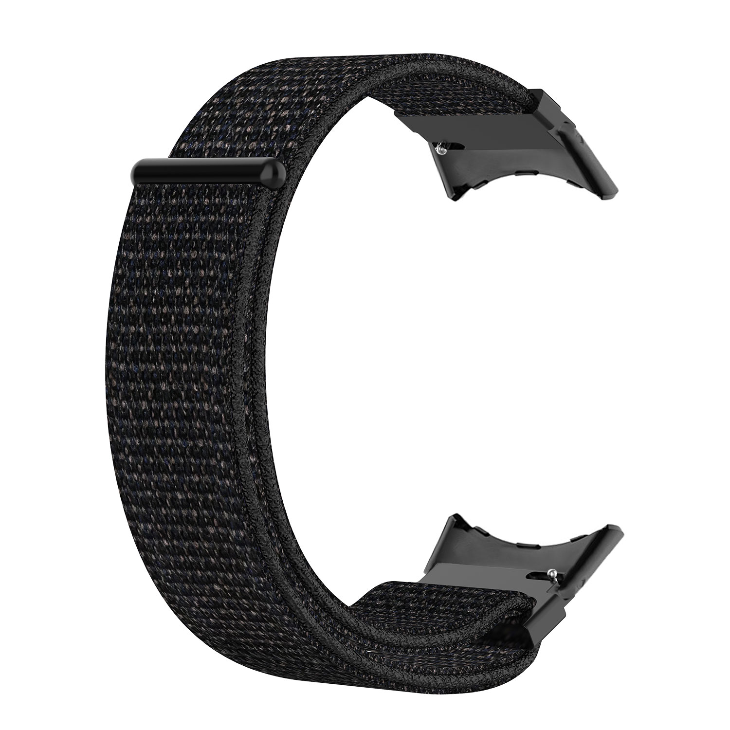 Ein schwarzes Uhrenarmband mit Metallbefestigungen. Das Armband hat ein strukturiertes Aussehen.
