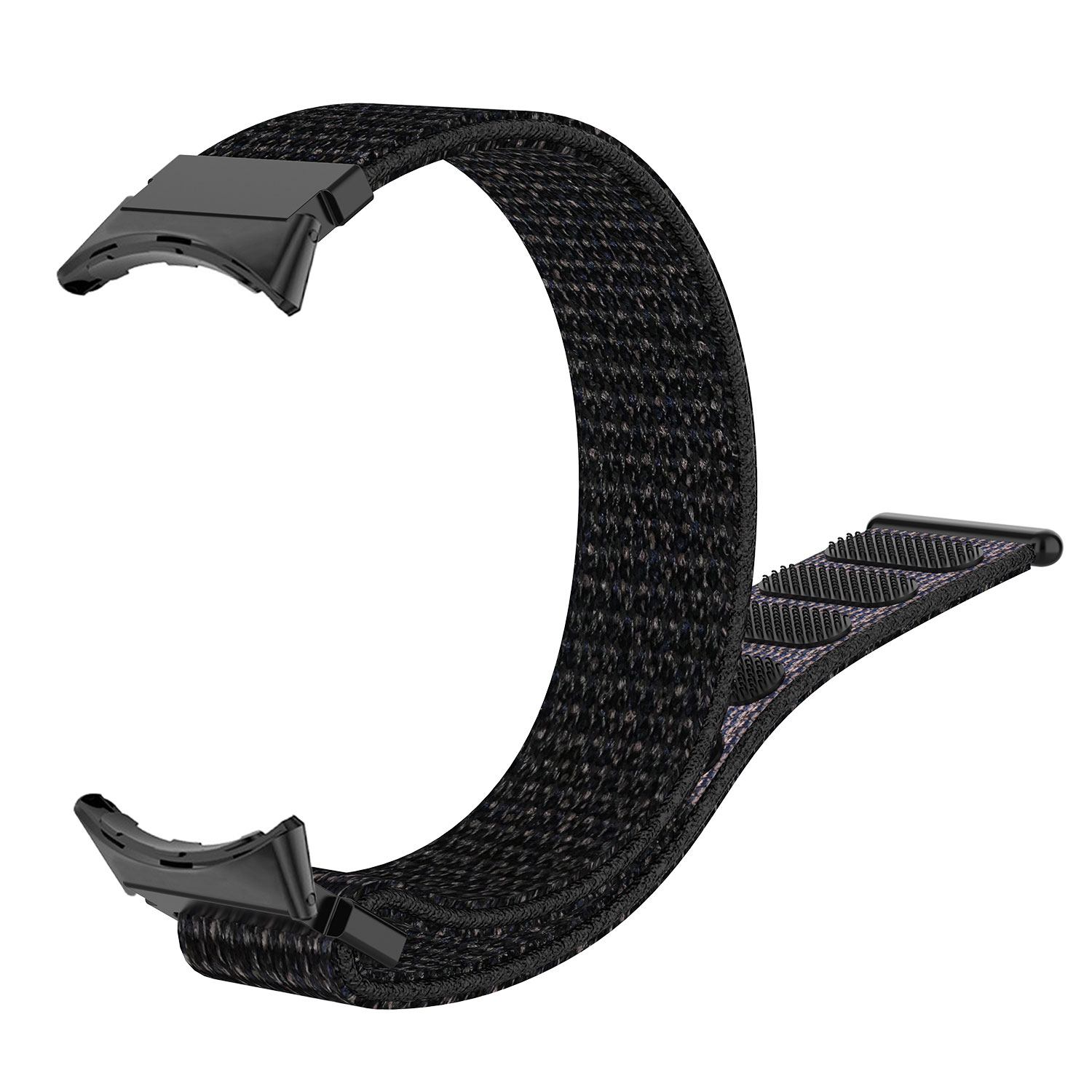 Schwarzes gewebtes Uhrenarmband mit schwarzer Hardware. Das Band hat ein dunkelgraues und schwarzes Muster.